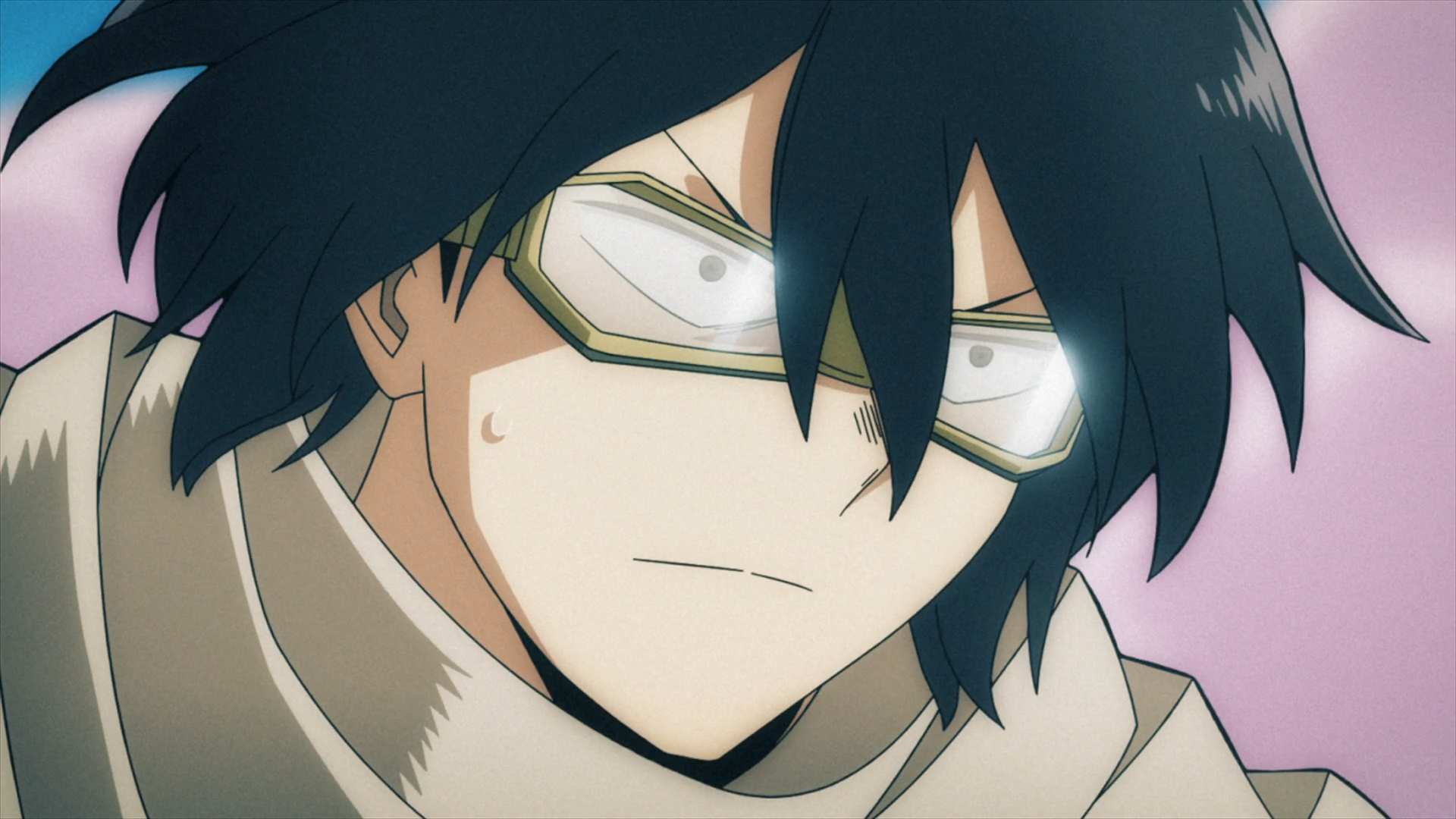 HD PC desktop wallpaper: close-up of Eraserhead (Shota Aizawa) from My Hero Academia and My Hero Academia: Vigilantes, disheveled dark hair, tired eyes behind goggles, pale pink background.