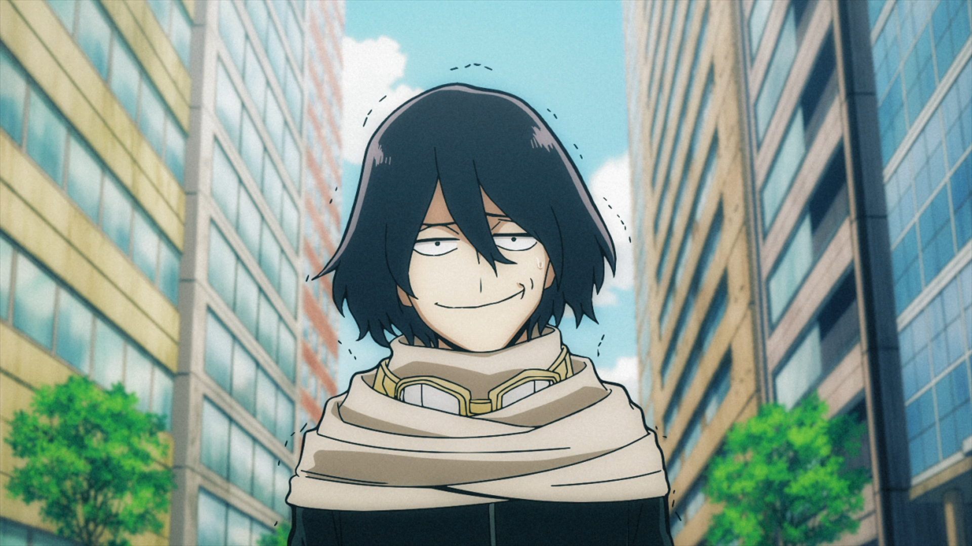 HD PC wallpaper of Shota Aizawa (Eraserhead) from the anime My Hero Academia and My Hero Academia: Vigilantes, smirking in a sunlit city street between tall buildings.