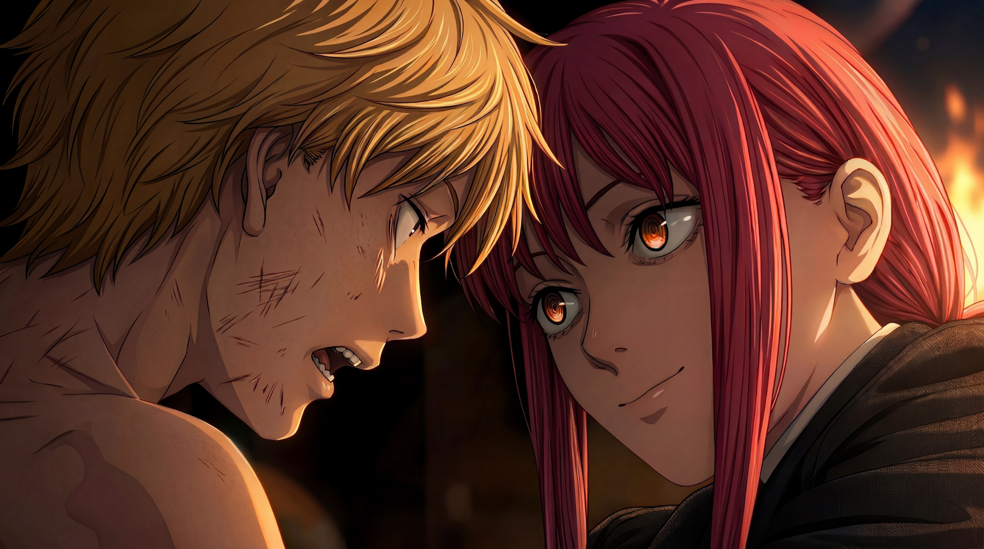 Chainsaw Man 5K Ultra HD PC desktop wallpaper: anime close-up of Denji, bruised and tense, and Makima with red hair smiling as warm, dramatic light frames their faces.