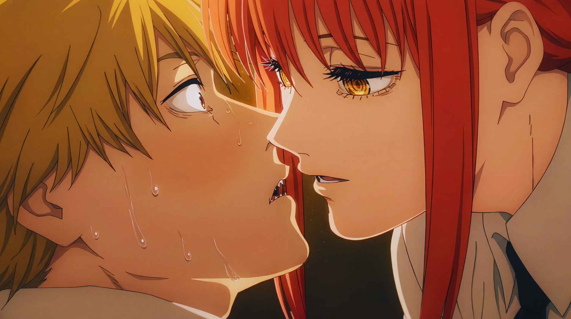 Chainsaw Man 5K Ultra HD PC wallpaper: Makima and Denji in a tense, intimate close-up—Makima leaning in, Denji sweating, an almost-kiss anime couple scene.