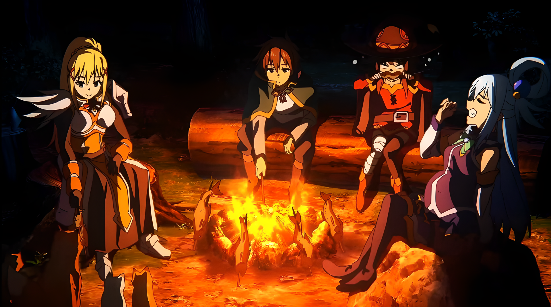4K Ultra HD PC wallpaper of KonoSuba: Megumin, Aqua, Kazuma and Darkness sitting around a campfire at night, anime characters illuminated by warm firelight.