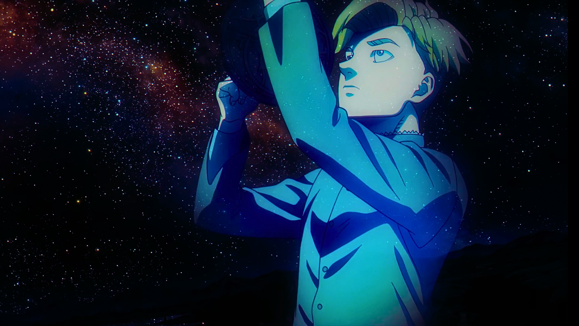 HD anime desktop wallpaper: 'Orb: On the Movements of the Earth' — Rafal reaches for a glowing orb against a star-filled night sky and endless universe.