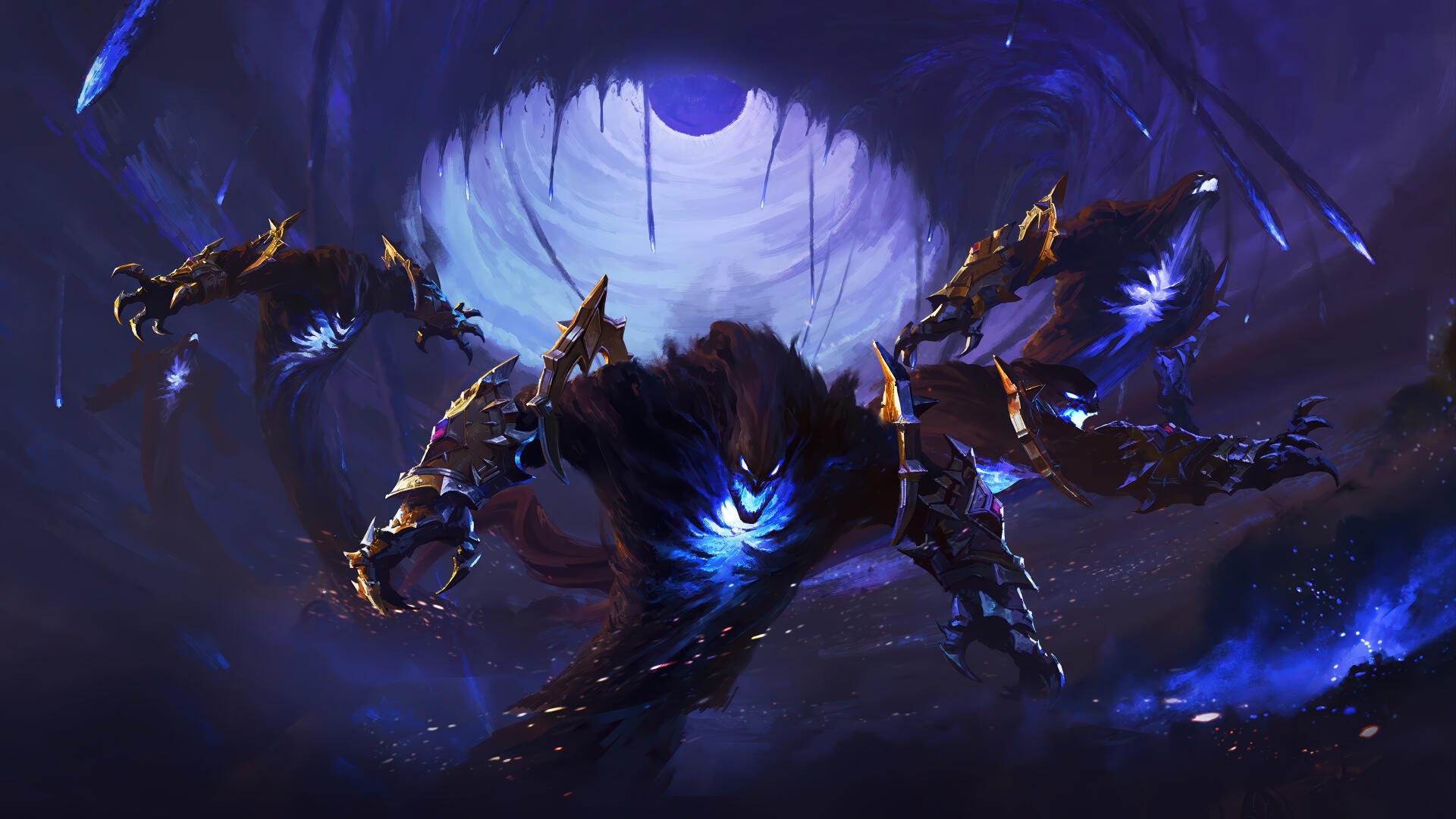 4K Ultra HD PC wallpaper: MMORPG World of Warcraft: Midnight — a Shadow Army monster bursts from a glowing void, armored claws and a pulsing blue core.