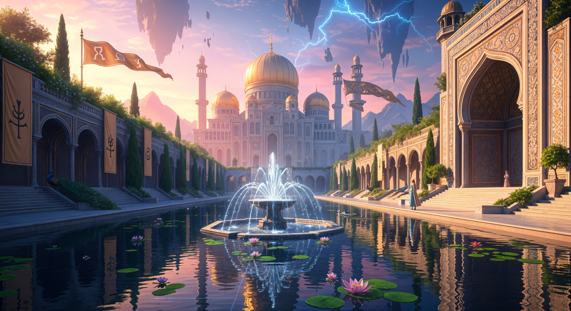 4K Ultra HD PC desktop wallpaper and background — golden-domed palace at sunset, long reflecting pool with fountain and lilies, arcades, floating islands and a storm-lit sky.