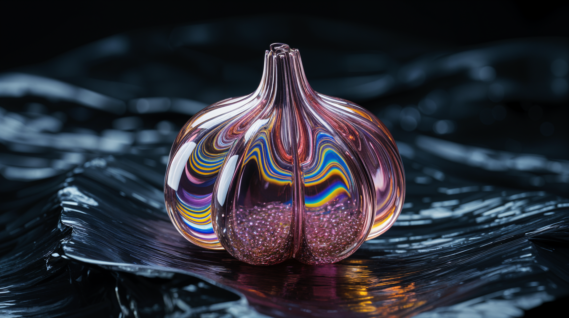 Glass garlic bulb with rainbow swirls and glitter resting on a glossy dark surface — 4K Ultra HD PC desktop wallpaper and background.