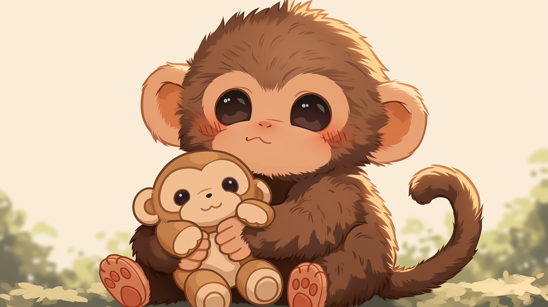 Cute cartoon monkey cuddling a plush toy monkey; warm animal illustration rendered as a 2K Quad HD PC desktop wallpaper/background.