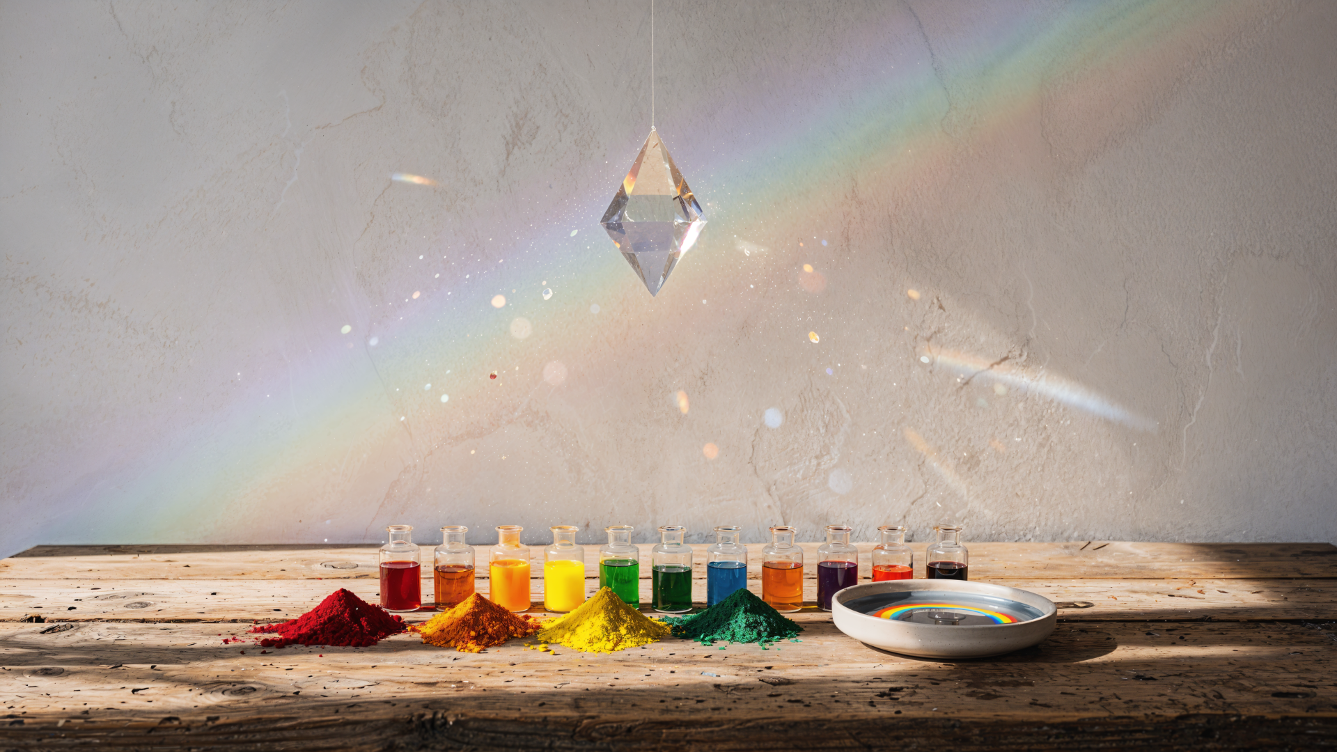 4K Ultra HD PC desktop wallpaper and background: suspended prism scattering a vivid color spectrum over a wall, with jars and rainbow-hued pigment piles on a rustic wooden table.