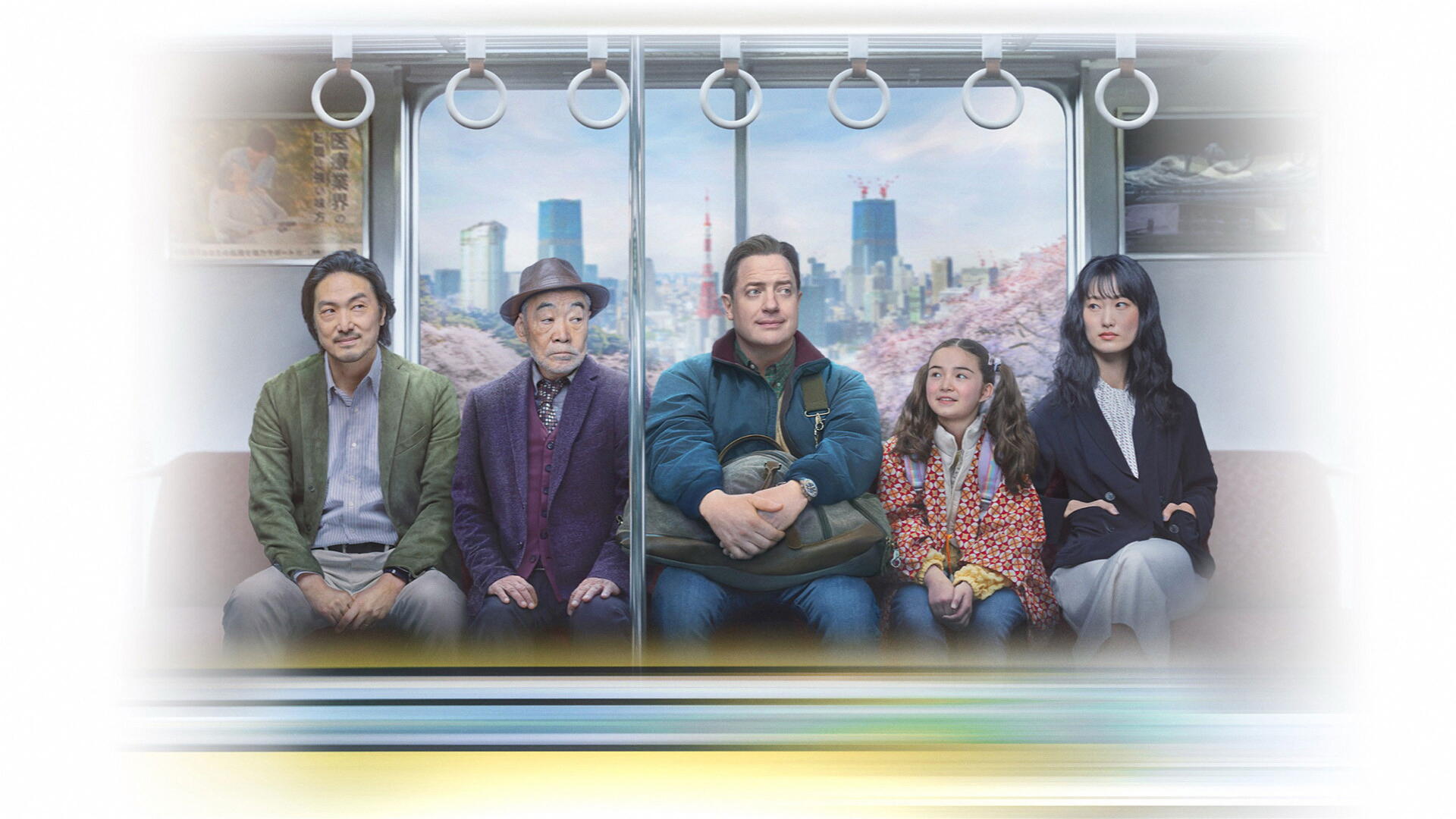 Rental Family — 4K Ultra HD PC desktop wallpaper: five people (two men, an elderly man, a young girl, a woman) sit in a subway car with a city skyline visible through the windows.