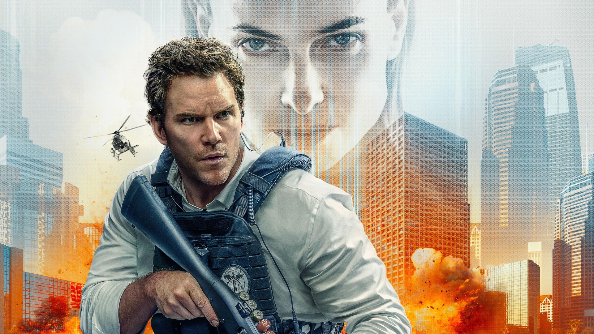 Mercy (2026) 4K Ultra HD PC desktop wallpaper and background, an armed tactical agent with rifle amid fiery city explosions, helicopter overhead, and a ghostly woman's face looming above skyscrapers.