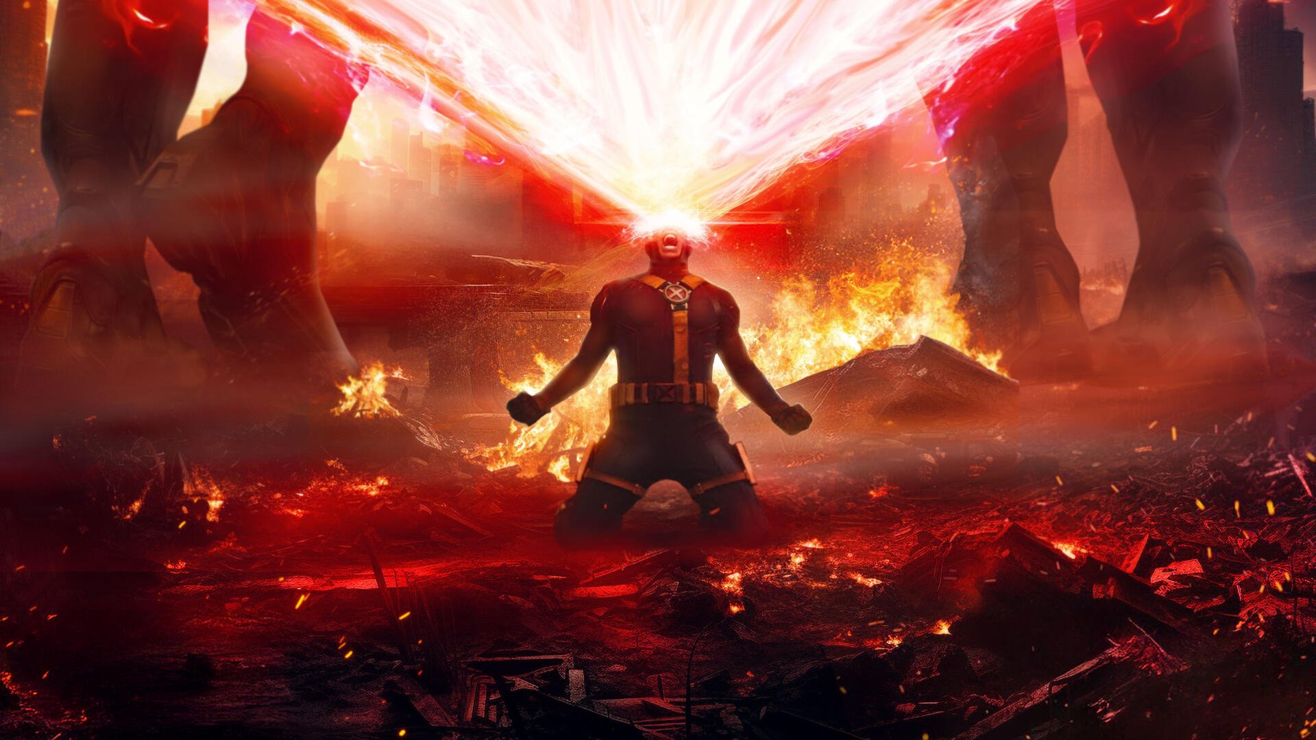 Avengers: Doomsday — 4K Ultra HD PC desktop wallpaper and background: a lone armored Avenger kneels in scorched ruins as a fiery red beam erupts from his head into the burning sky.