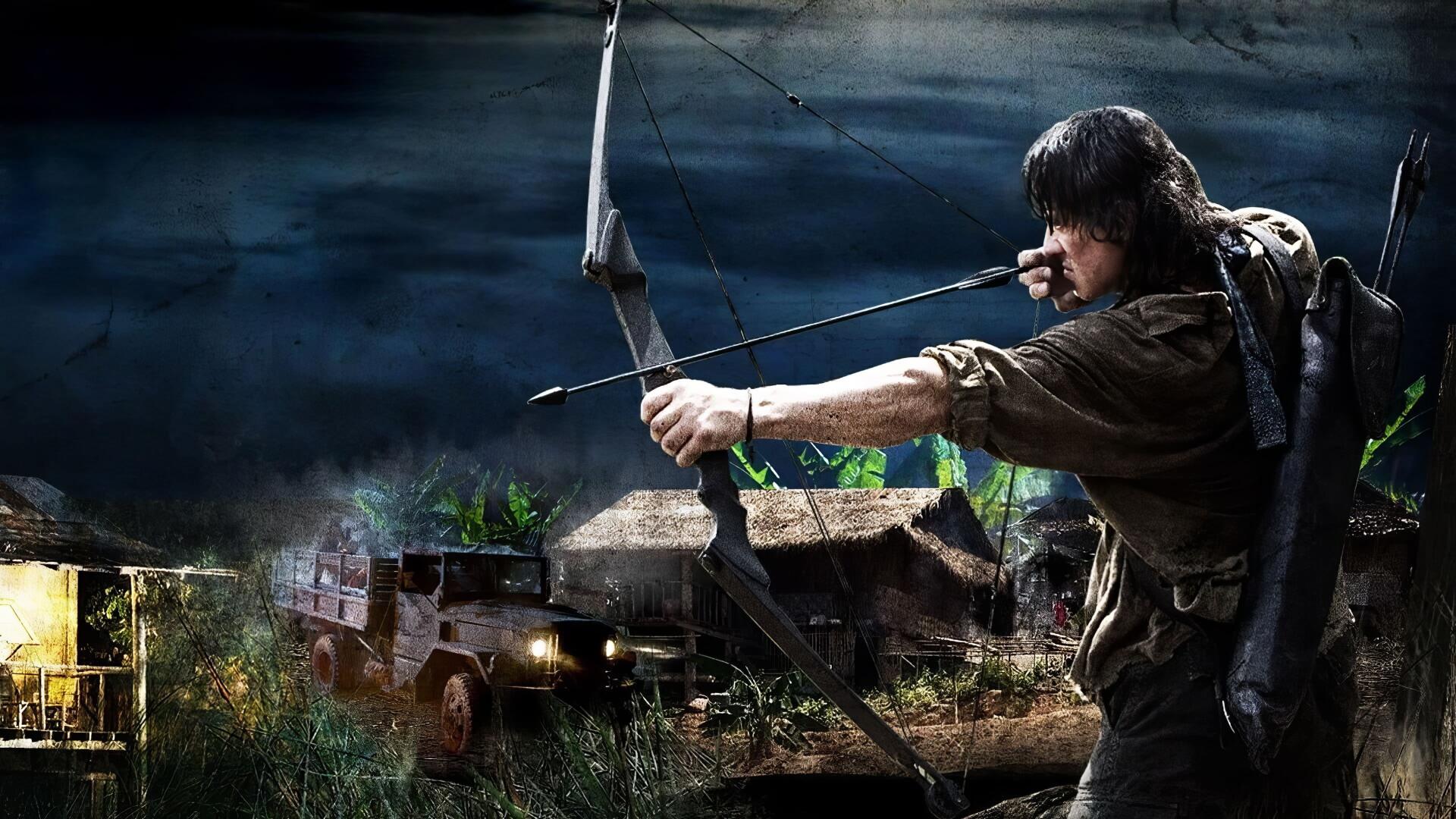 Rambo 4 4K Ultra HD PC desktop wallpaper: rugged soldier in a jungle at night, drawing a bow and aiming at armored trucks beneath a stormy sky.