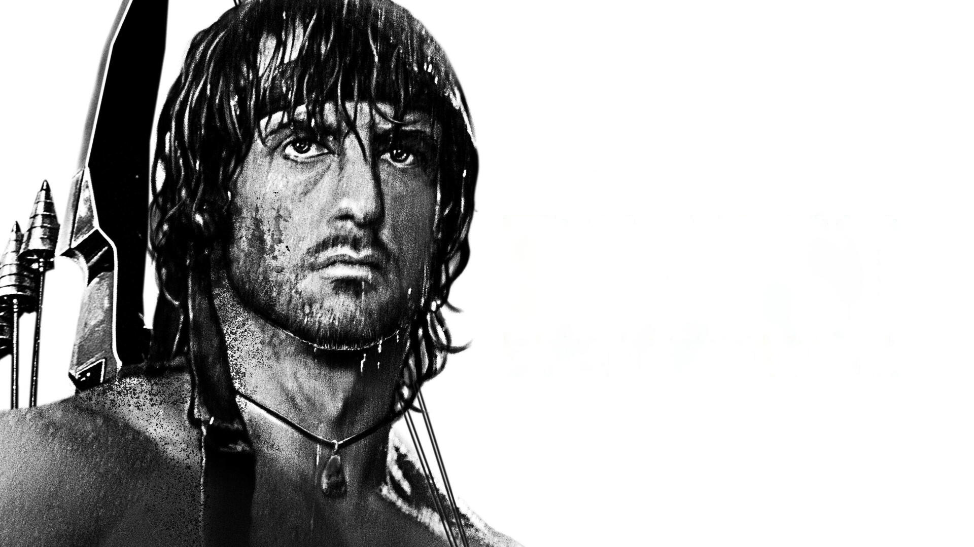 Monochrome close-up of Rambo with wet hair, intense stare and a weapon on his back — dramatic 4K Ultra HD PC desktop wallpaper/background in high-contrast illustrative style.