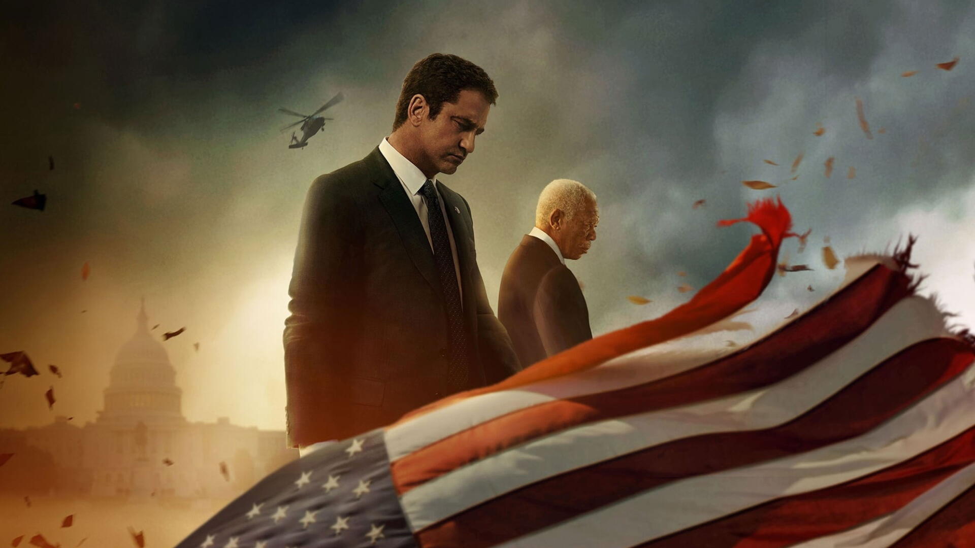 Angel Has Fallen — 4K Ultra HD PC desktop wallpaper/background: two suited men stand in smoke as a tattered American flag waves and a helicopter looms overhead.