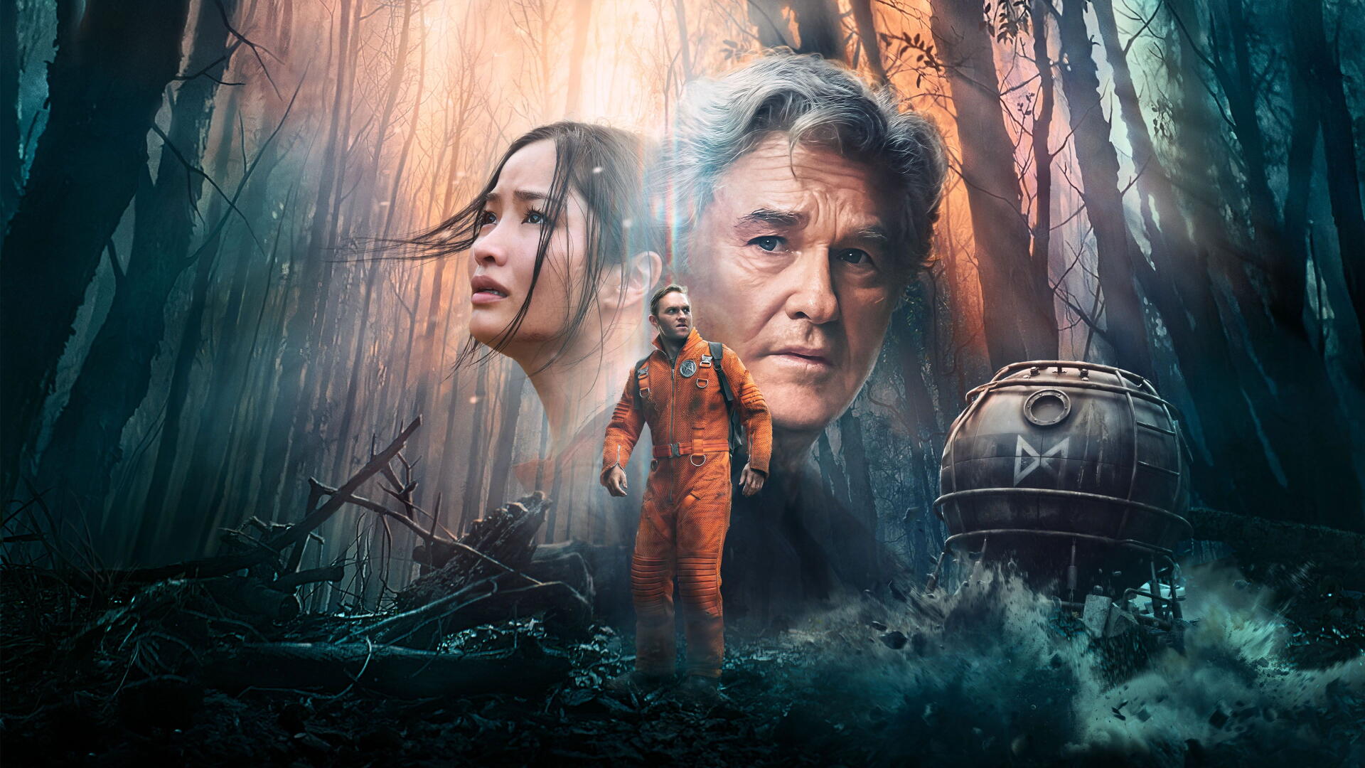 Monarch: Legacy of Monsters 4K Ultra HD PC Desktop Wallpaper and Background — misty forest, two looming faces (woman, older man), a figure in an orange suit and a metallic dome.