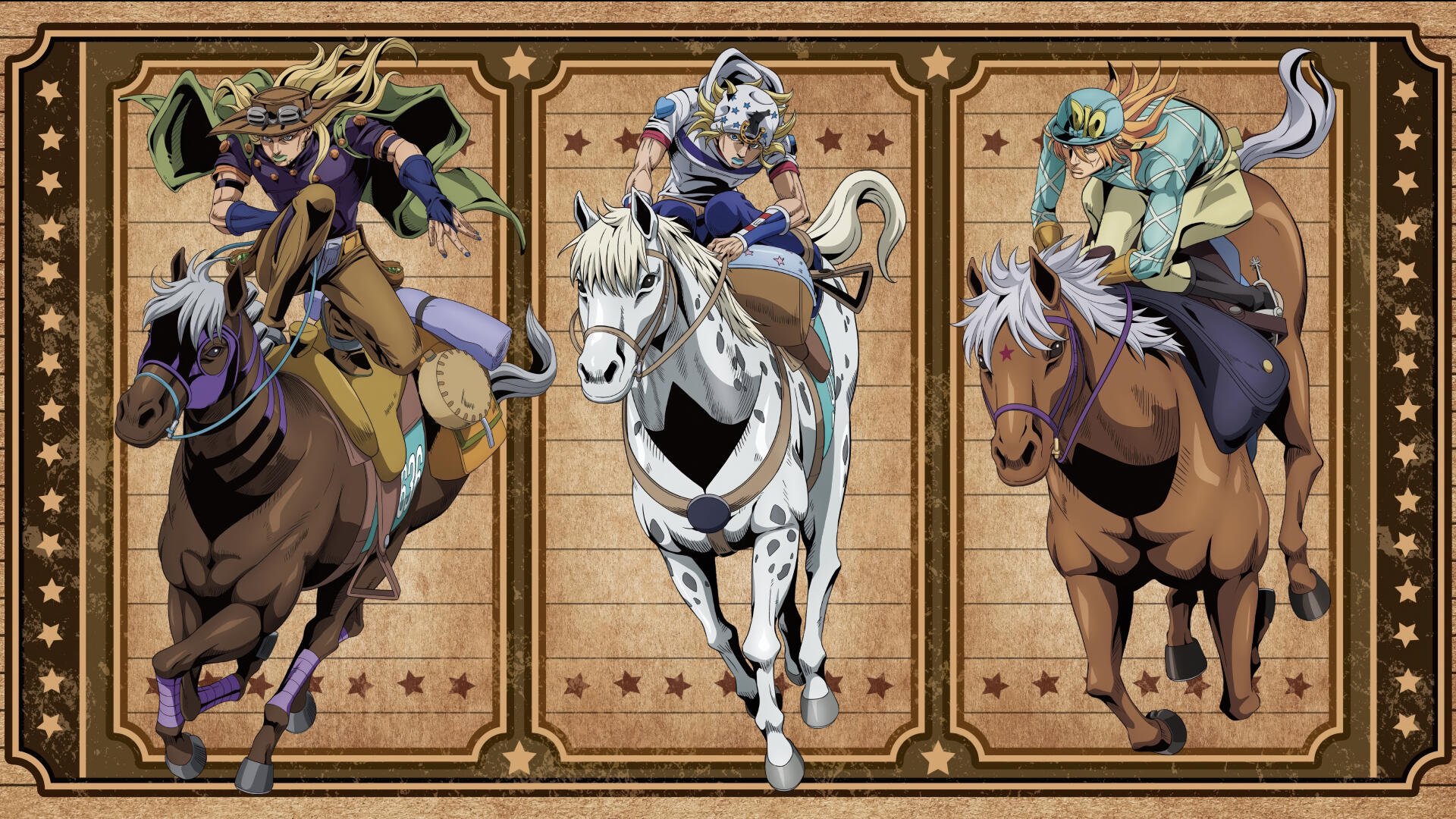 Stylized 5K Ultra HD PC desktop wallpaper of JoJo's Bizarre Adventure: Steel Ball Run — three riders in dynamic gallop panels, vintage western poster styling with bold colors and ornate borders.