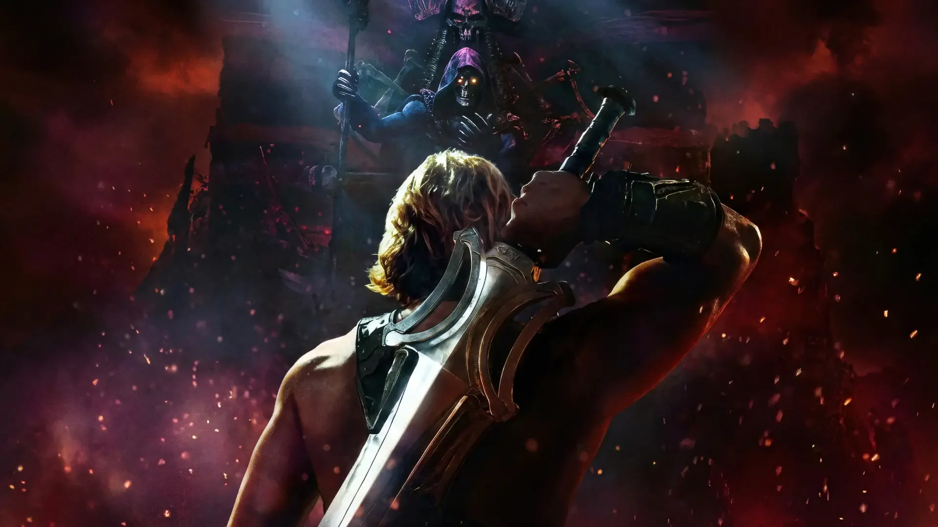 Masters of the Universe (2026) 4K Ultra HD PC desktop wallpaper and background: muscular blonde warrior raising a sword against a towering dark-armored villain amid fiery red cosmic ruins.