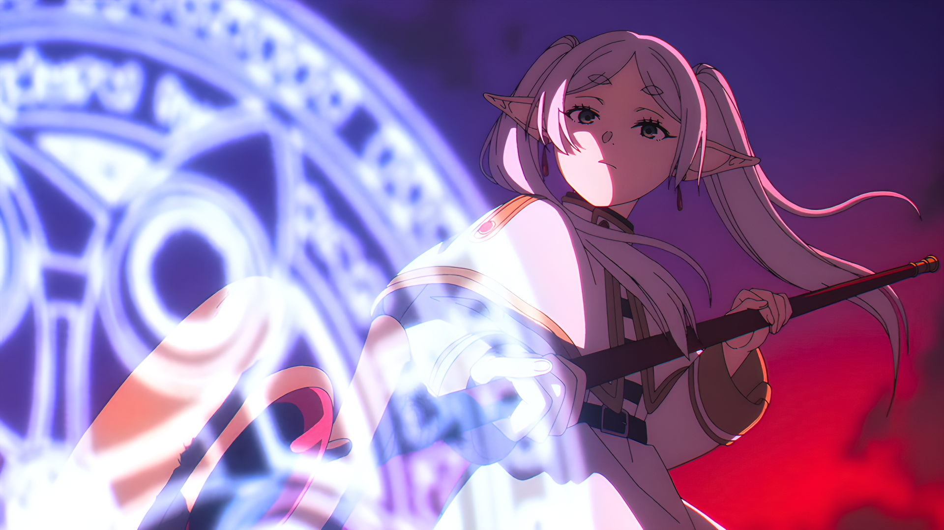 Frieren: Beyond Journey's End anime 4K Ultra HD PC wallpaper — elf mage raising a staff, conjuring a luminous magic circle against a purple-red sky.
