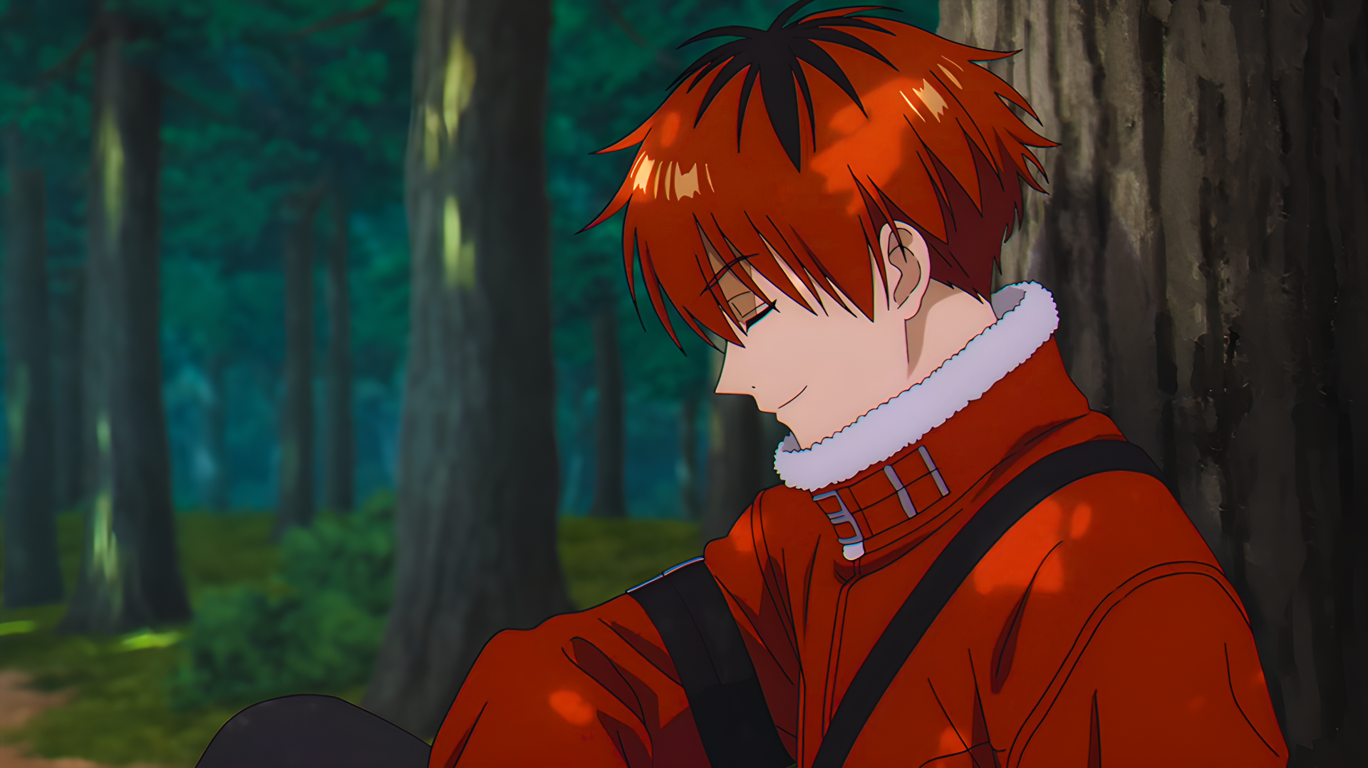 4K Ultra HD PC desktop wallpaper of Stark from Frieren: Beyond Journey's End — a red-haired anime warrior seated against a tree in a quiet forest.