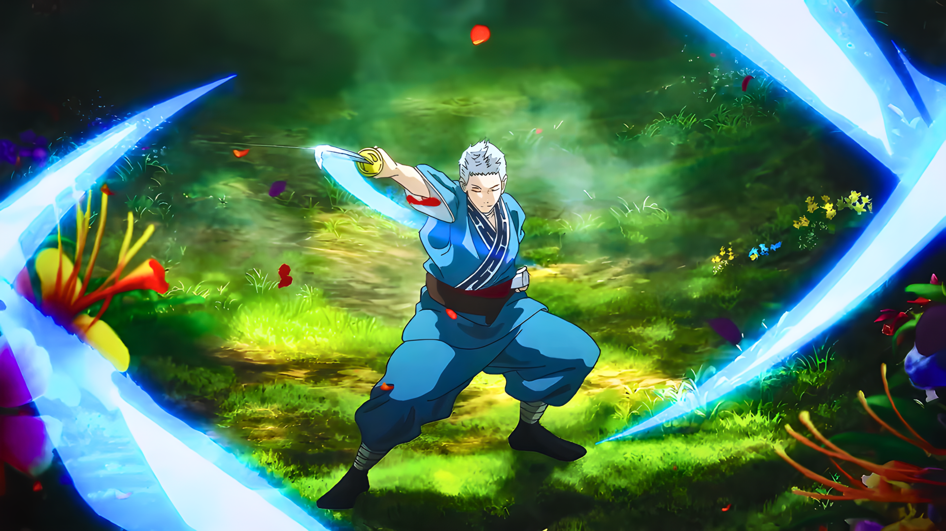 Hell's Paradise anime wallpaper: Shion, a samurai, performing a sweeping blade swipe amid glowing forest light — vibrant 4K Ultra HD PC desktop background.