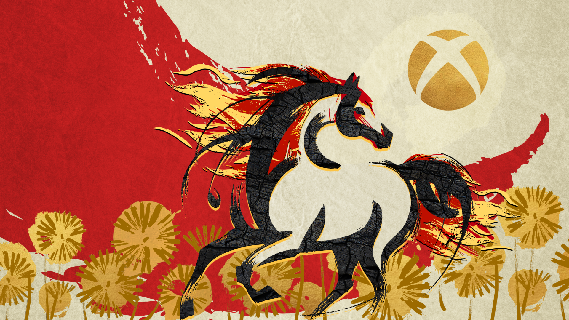 Bold red and gold Lunar New Year desktop wallpaper: stylized rearing horse with flowing mane, gold floral accents and a gold Xbox logo — 2K Quad HD PC desktop background.