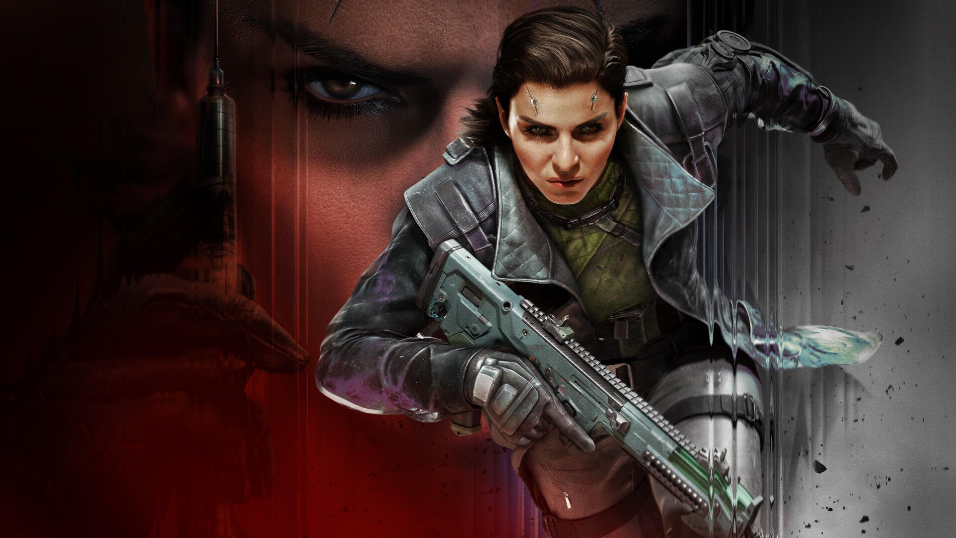 2K Quad HD PC desktop wallpaper: video game cyberpunk girl from Call of Duty: Black Ops 7, leaping with a futuristic rifle against a red-and-metal background, intense stare.