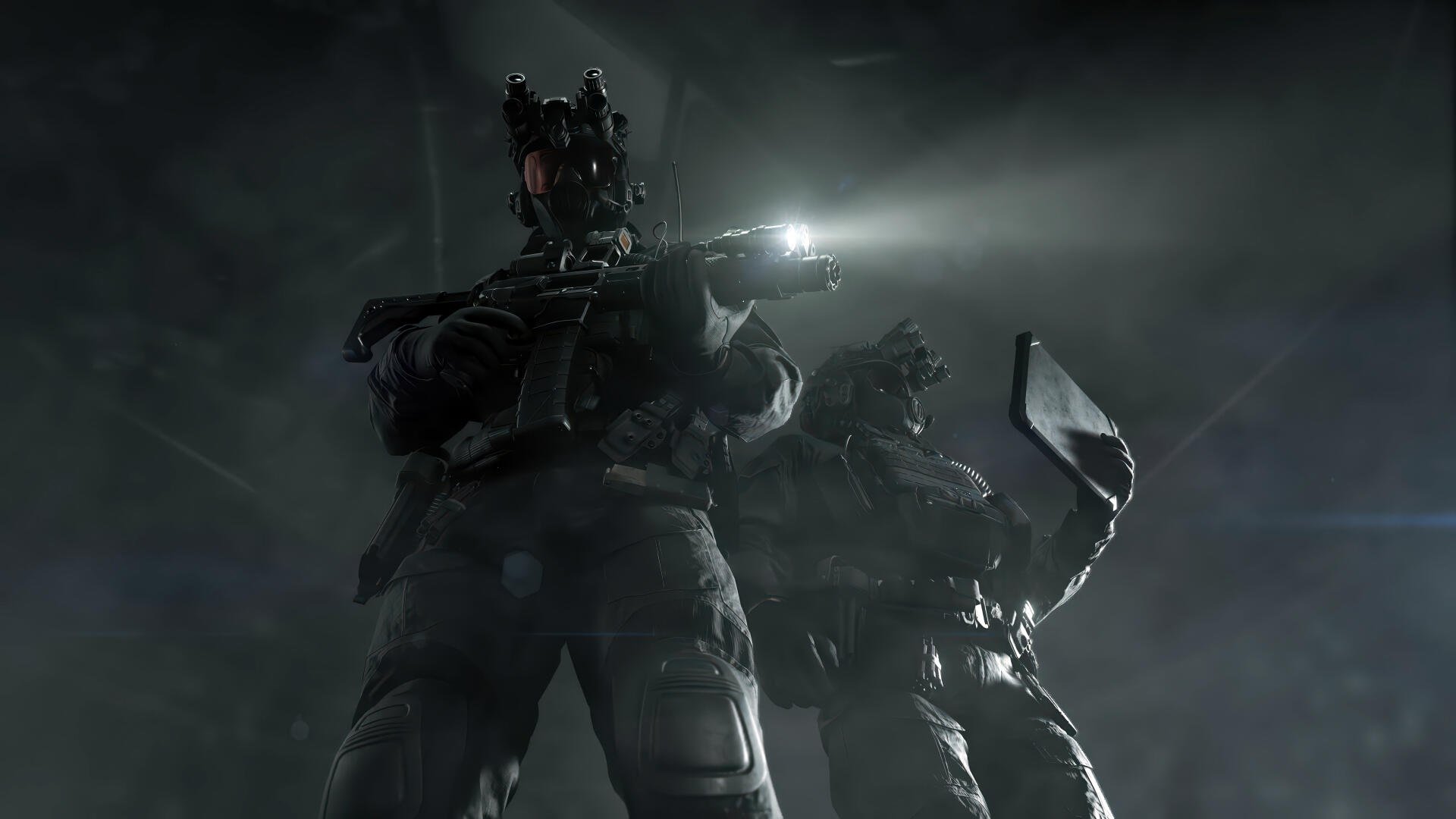 Resident Evil Requiem video game 4K Ultra HD PC desktop wallpaper: two armored officers in foggy darkness, one aiming a flashlight while the other raises a riot shield.