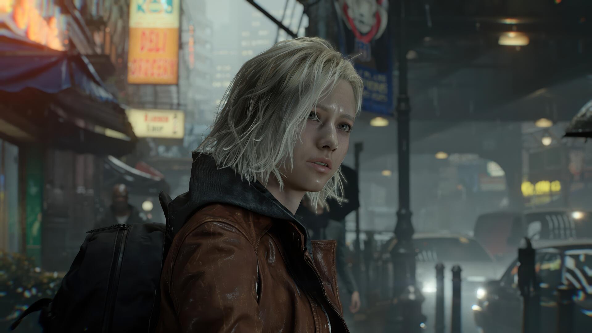 Grace Ashcroft (Resident Evil Requiem) 4K Ultra HD PC desktop wallpaper: her in a rain-soaked urban nightscape, short blond hair and a brown jacket.