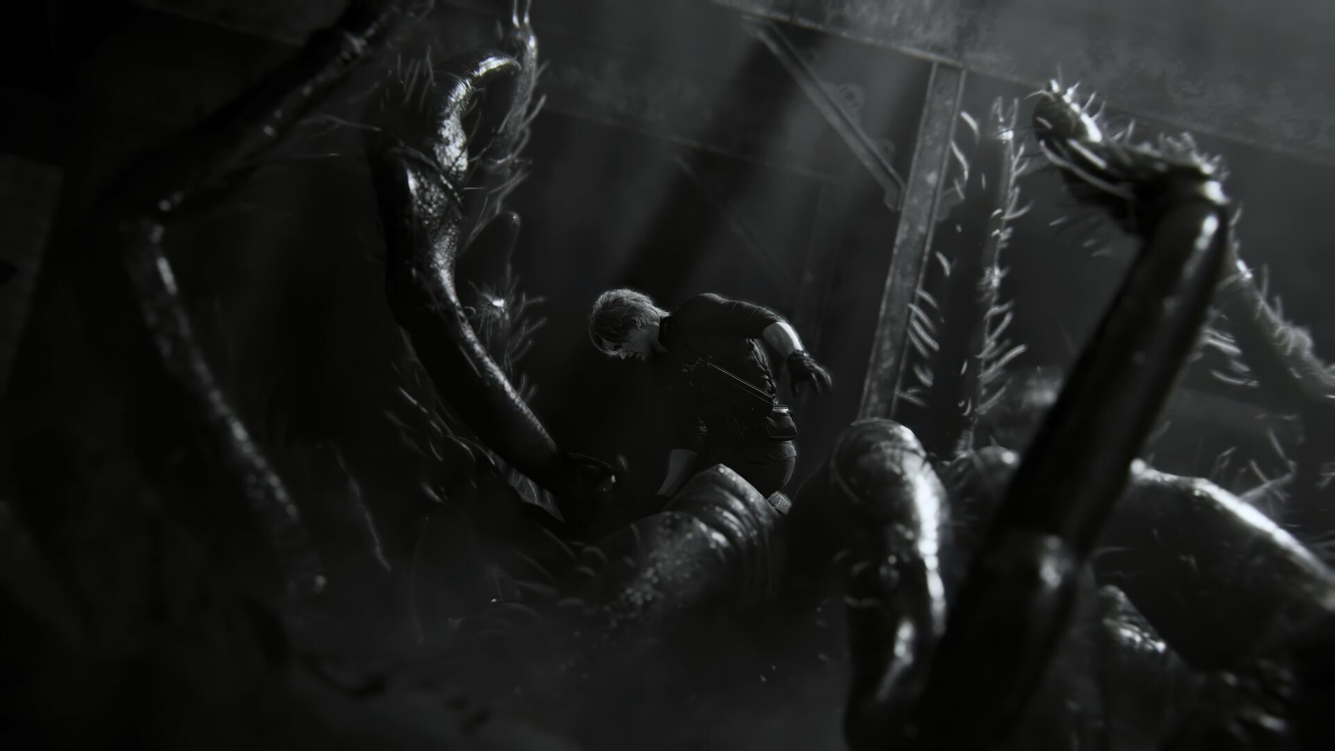 Monochrome Resident Evil Requiem 4K Ultra HD PC desktop wallpaper/background: shadowy tentacled creature closing on a trapped figure amid rain-slick, high-contrast horror from the video game.
