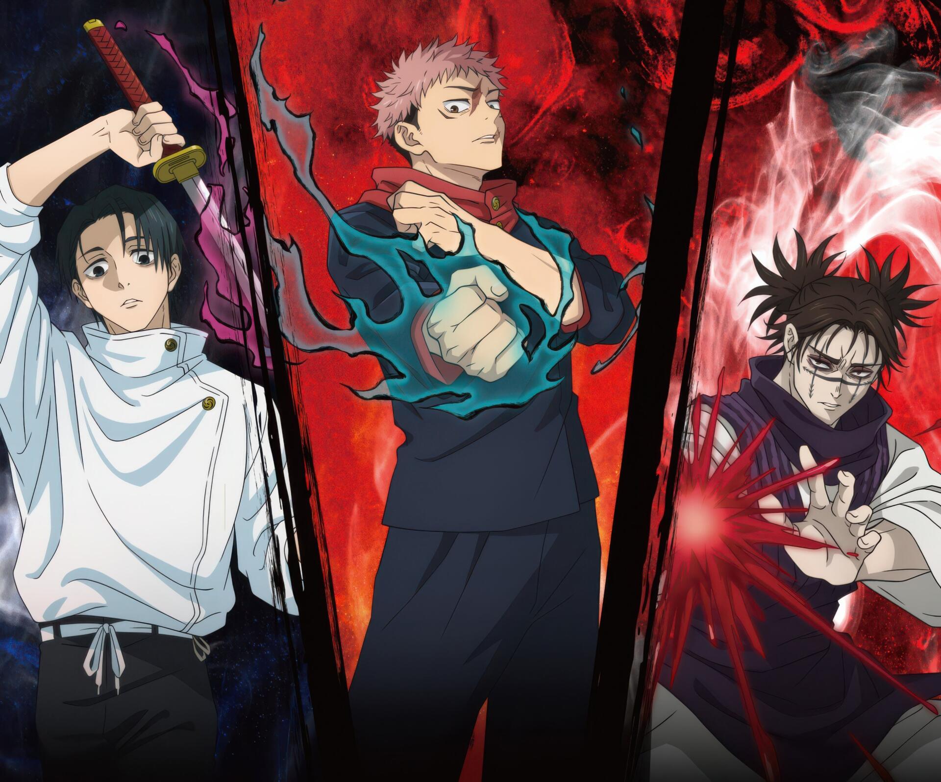 Anime 2K Quad HD PC wallpaper of Jujutsu Kaisen featuring Yuta Okkotsu, Yuji Itadori, and Choso in dramatic poses against a red, smoky background.
