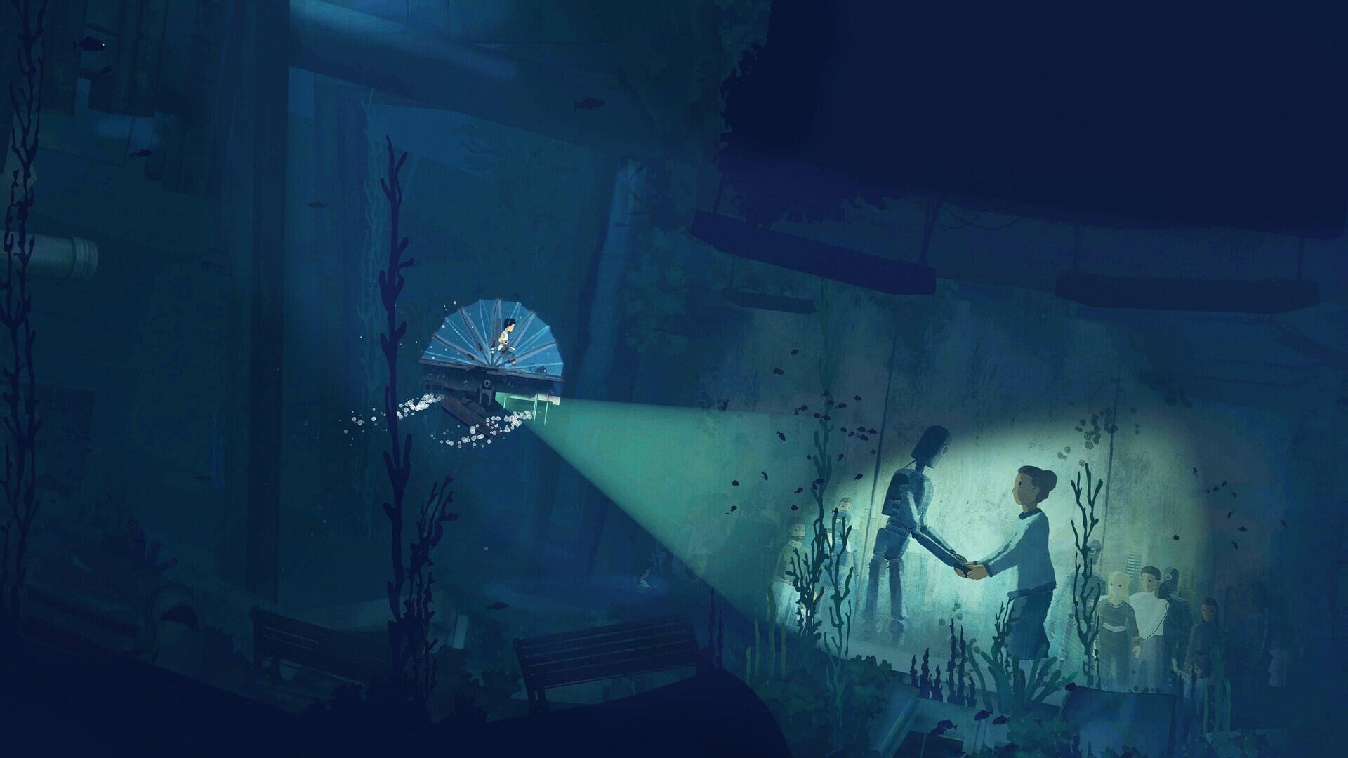 HD PC desktop wallpaper and background from the video game Planet of Lana II: a silhouetted figure beams a light at a glowing, mechanical creature amid blue, ruined underwater scenery.