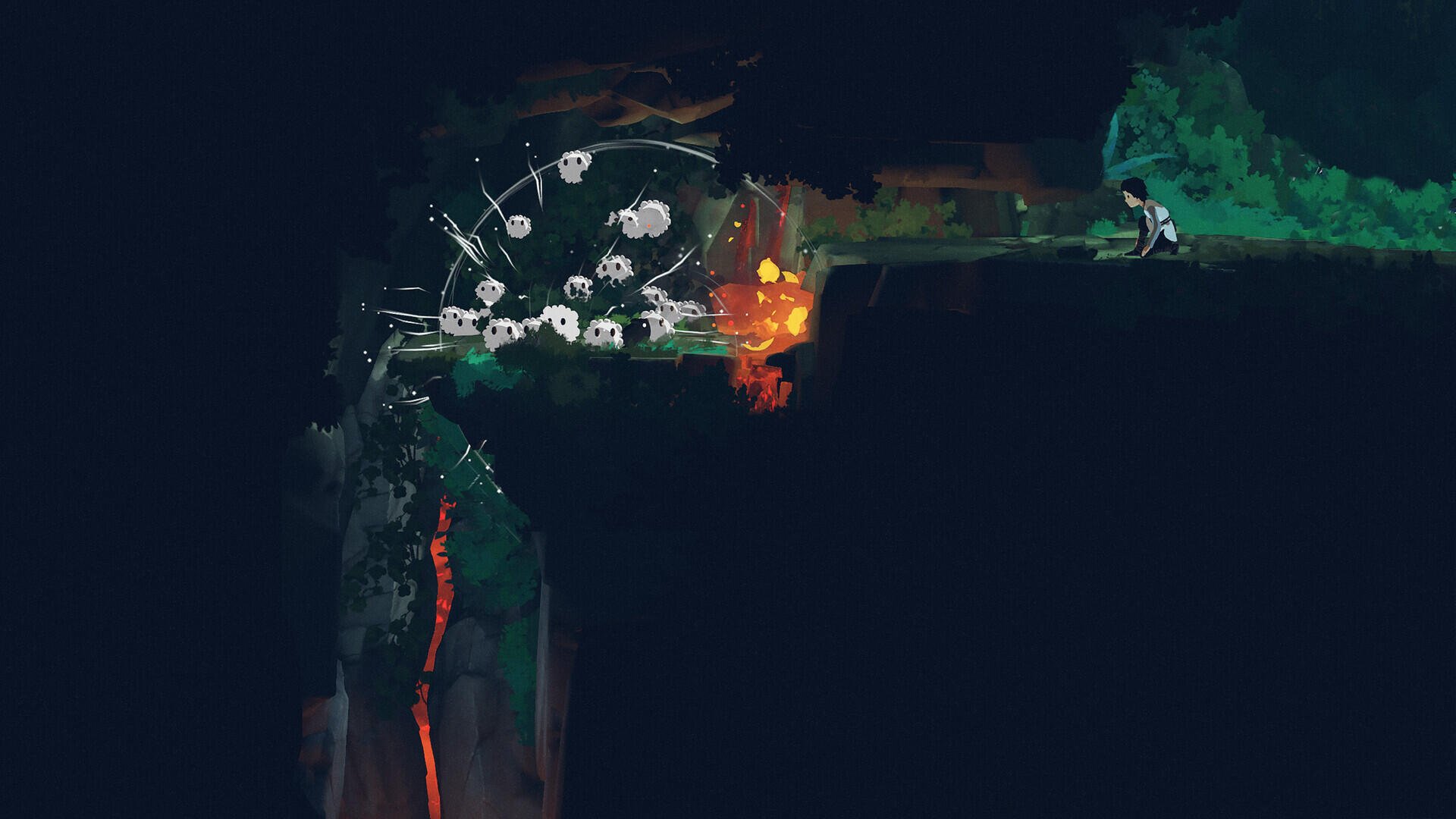 HD PC desktop wallpaper from the video game Planet of Lana II: a silhouetted figure on a green ledge peers over a glowing chasm filled with ghostly white creatures and orange light.