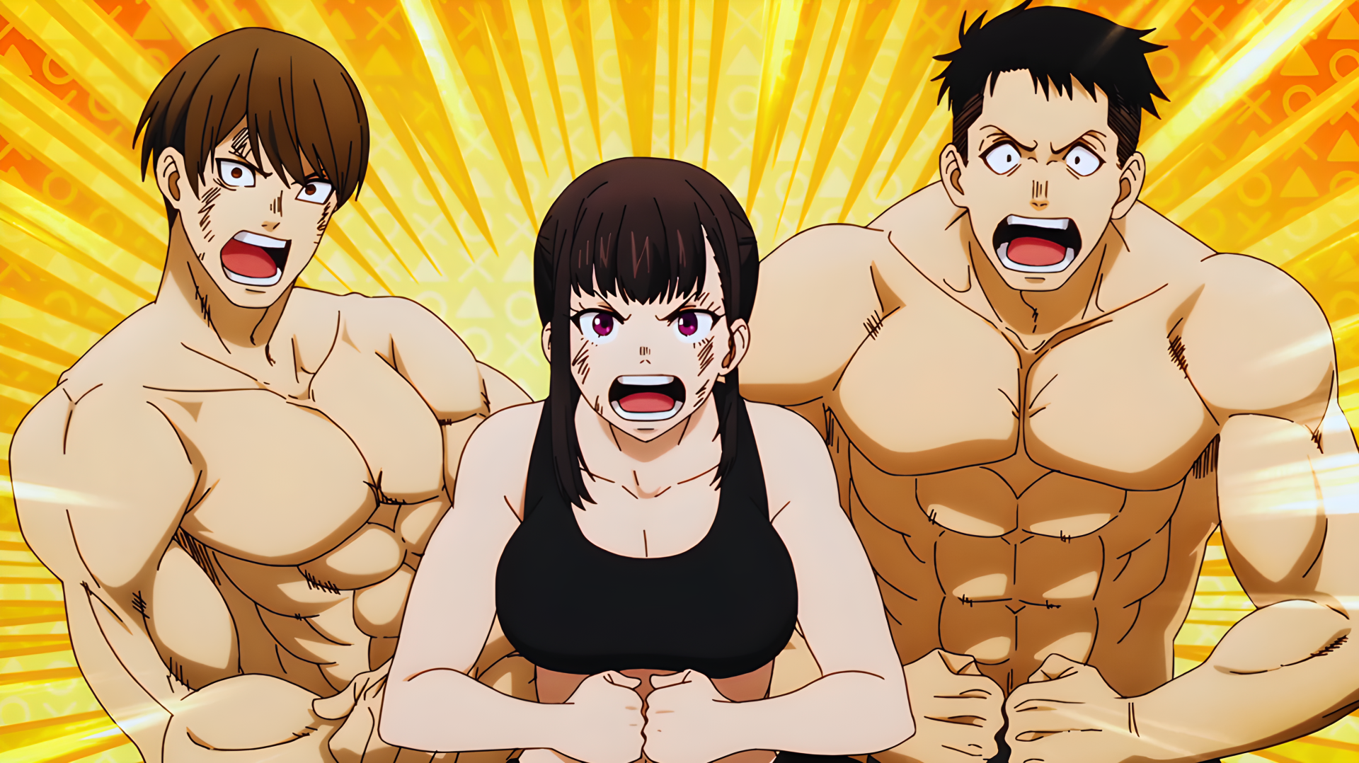 4K Ultra HD PC wallpaper: Fire Force anime character Maki Oze flexes with two muscular men, striking a fierce, energetic pose against a radiant yellow burst background.