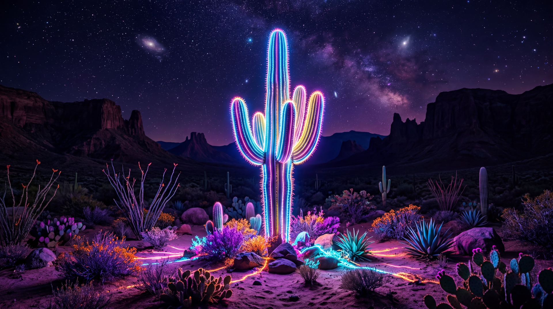 Neon-lit saguaro cactus and colorful desert plants under a starry Milky Way night, vivid hues and silhouetted mesas — 5K Ultra HD PC Desktop Wallpaper and Background.