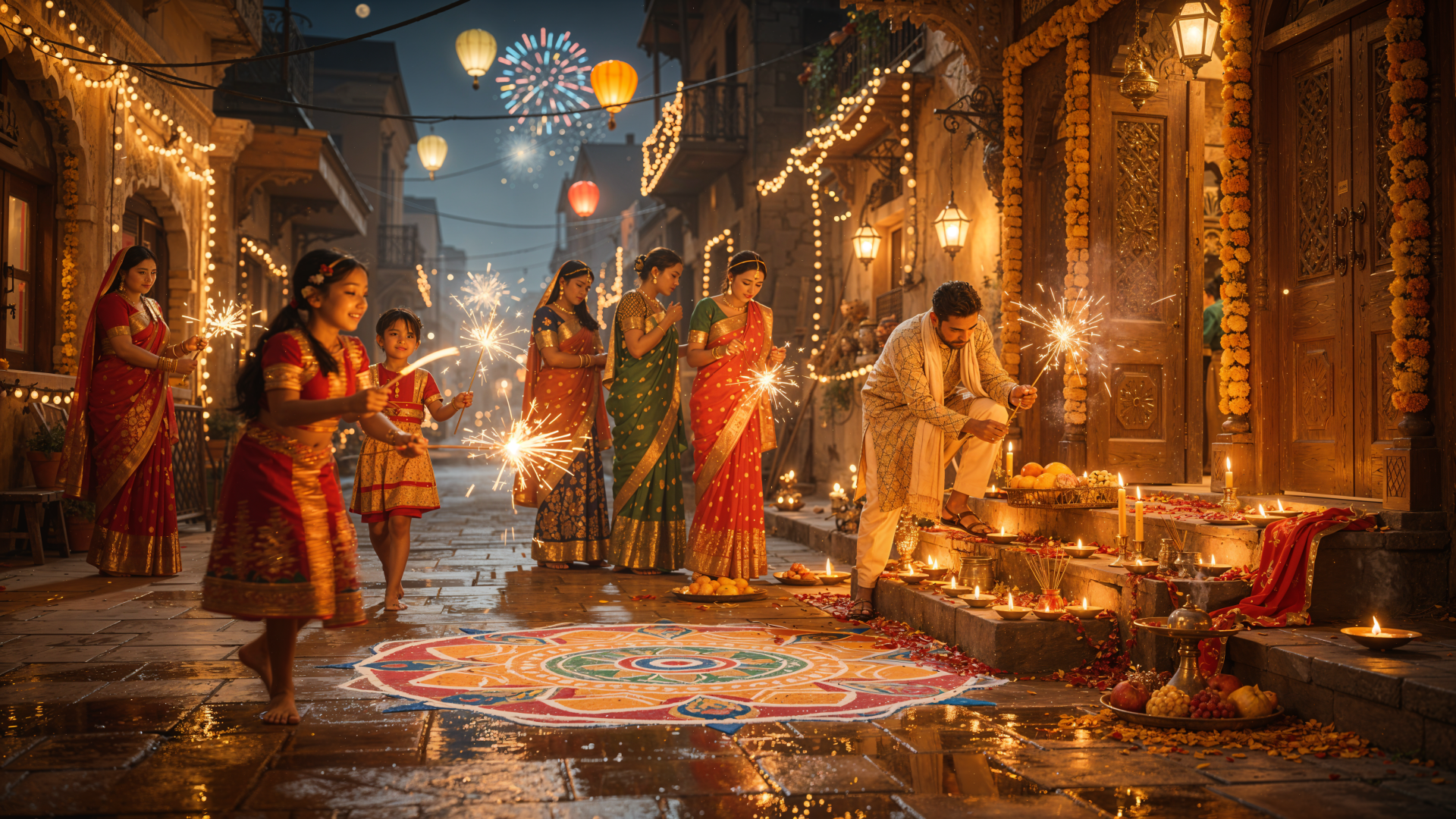Diwali street scene with families in traditional dress lighting sparklers and oil lamps around a colorful rangoli, lanterns and string lights — 4K Ultra HD PC Desktop Wallpaper and Background.