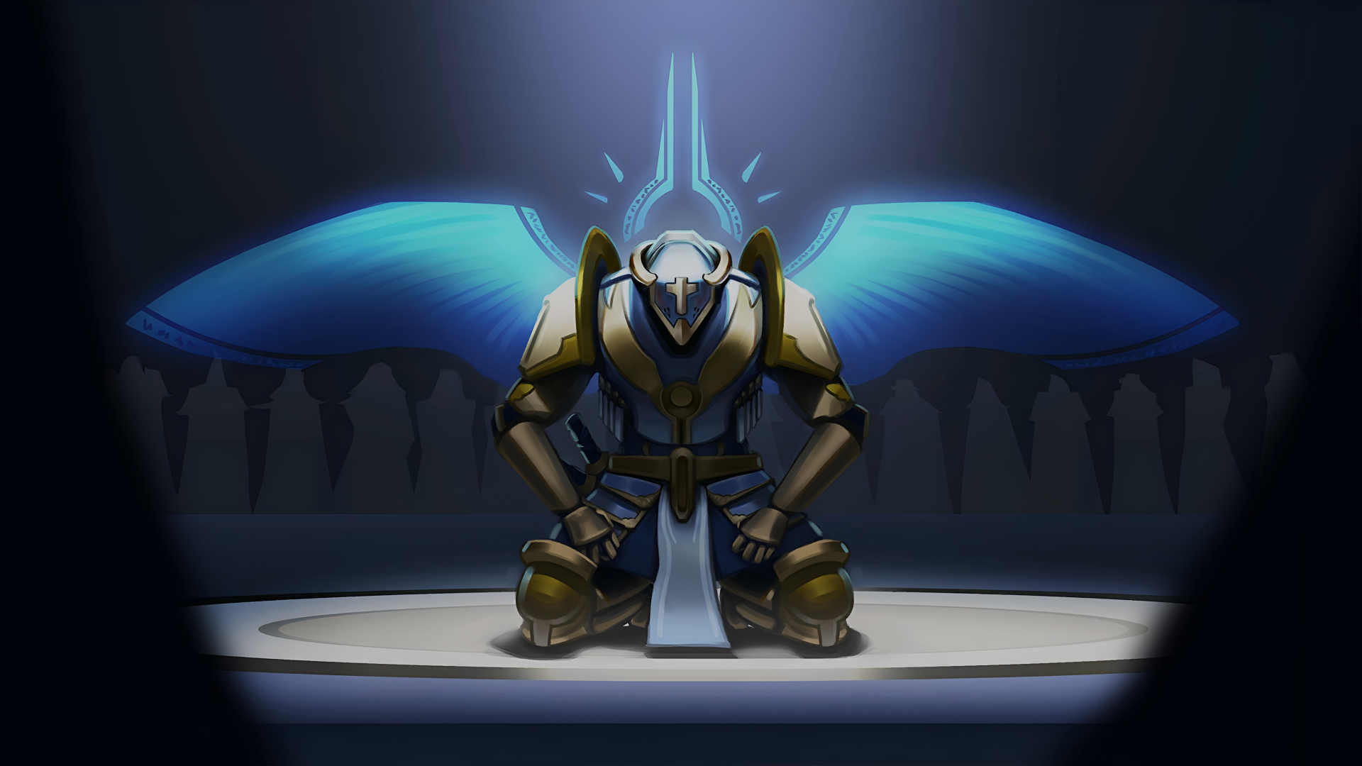 4K Ultra HD PC desktop wallpaper: ULTRAKILL video game angel warrior kneeling on a blade, glowing blue wings unfurled behind them in a dark, cathedral-like chamber.