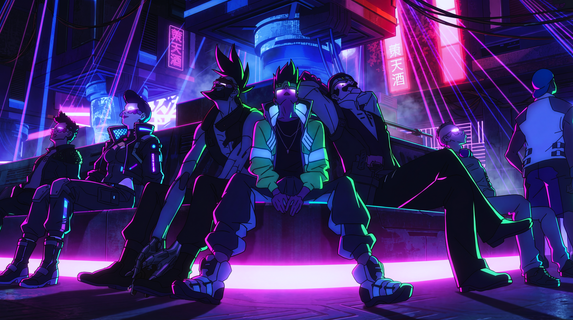 5K Ultra HD PC desktop wallpaper: anime Cyberpunk: Edgerunners scene of David in a neon club with his crew, virtual reality overlays and glowing signs.