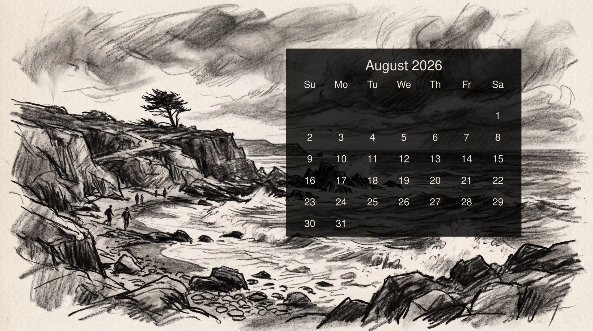 Monochrome sketch of a rugged coastline with cliffs, rocks, two figures and crashing waves, overlaid by an August 2026 calendar — 5K Ultra HD PC desktop wallpaper and background.