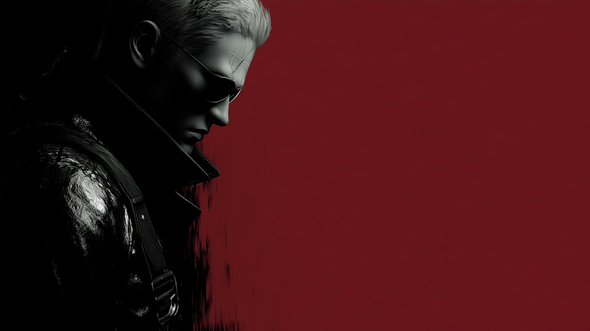 2K Quad HD PC wallpaper: Albert Wesker (Resident Evil Requiem) in red and black, shadowed profile evoking a dark gaming atmosphere.