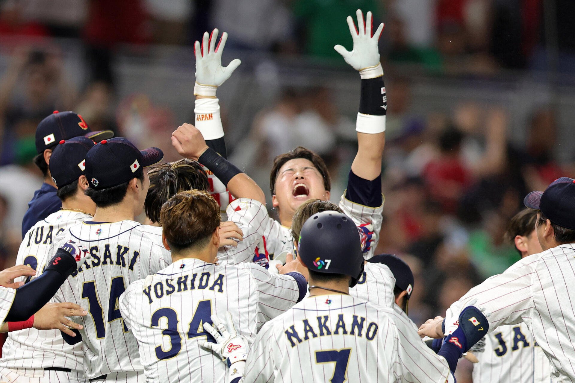 World Baseball Classic HD PC desktop wallpaper: pinstriped baseball team celebrating on field, players raising arms and cheering before a blurred stadium crowd.