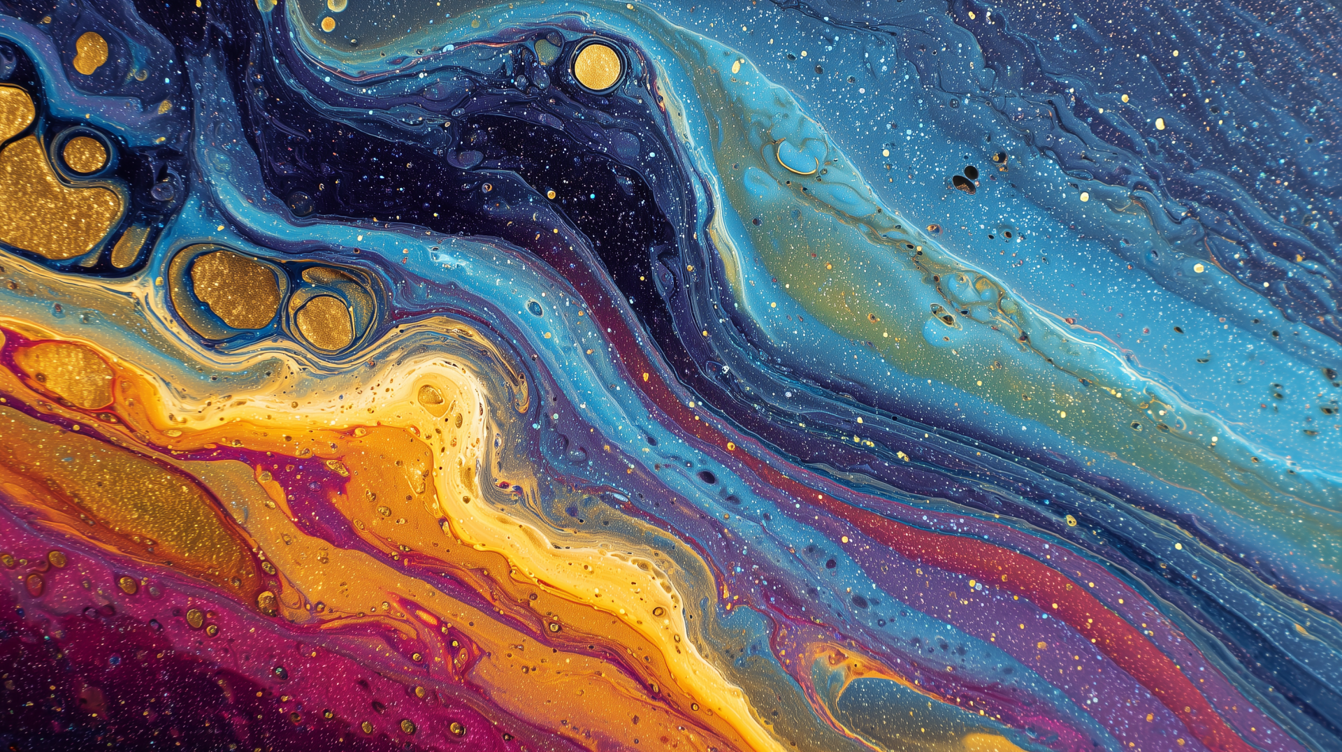 Aesthetic iridescent abstract fluid painting with swirling patterns in blues, golds and magenta — vibrant 2K Quad HD PC desktop wallpaper background.