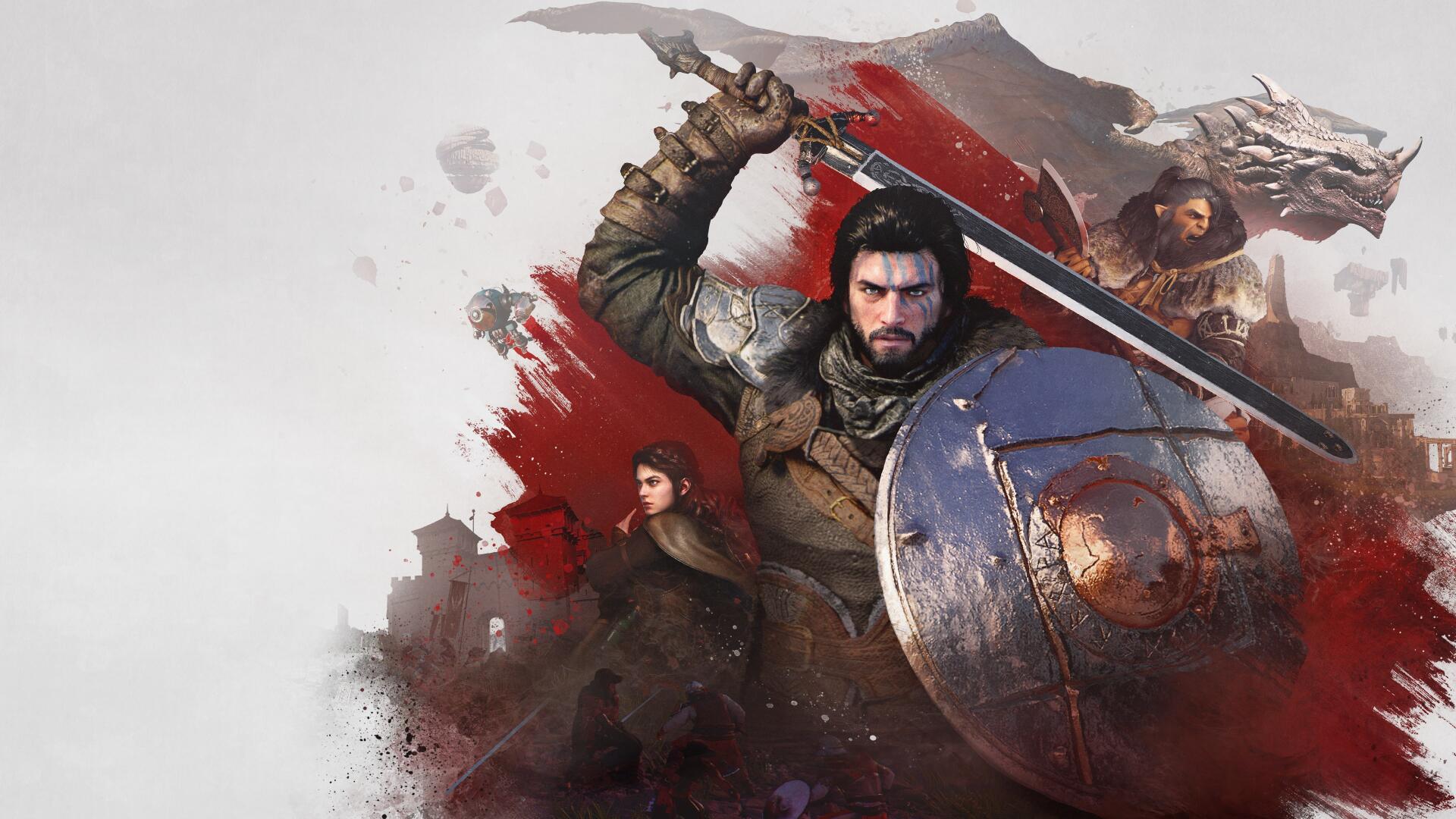 Crimson Desert video game RPG 4K Ultra HD PC wallpaper: armored warrior with raised sword and shield, red brushstroke backdrop and shadowed companions