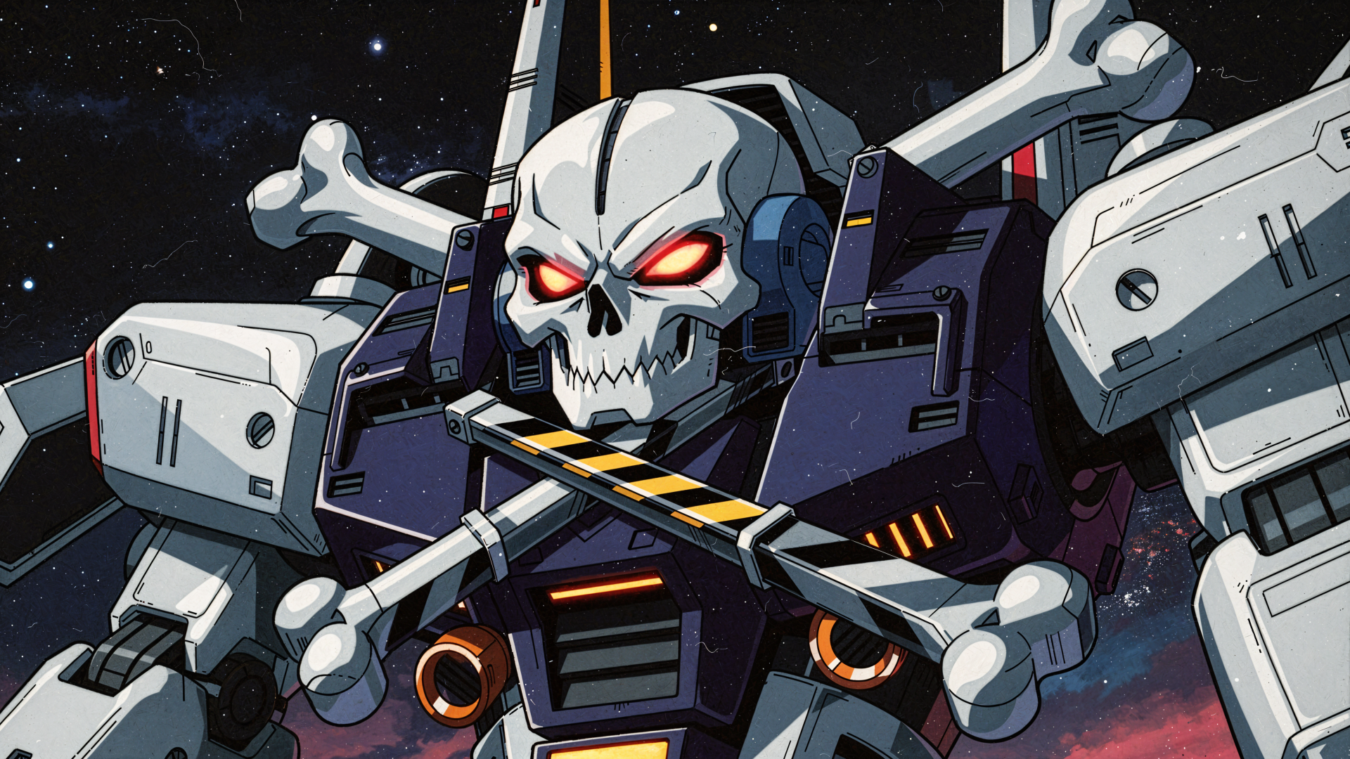 4K Ultra HD PC desktop wallpaper: a robotic mech with a skull-and-crossbones motif, glowing red eyes and crossed bones set against a dark, star-filled space background.