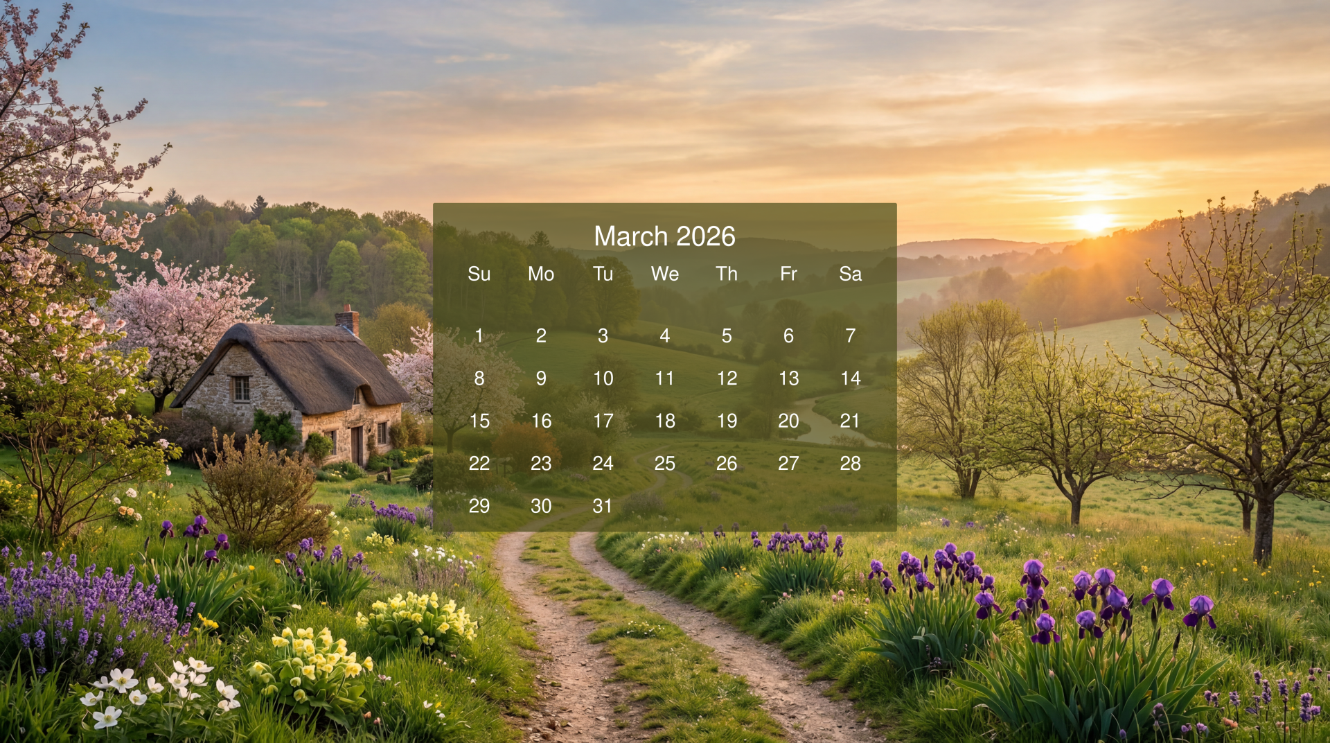 March 2026 calendar overlaid on a 5K Ultra HD PC desktop wallpaper and background: sunrise behind a country cottage, blossom trees, flower-lined dirt path and rolling green hills.