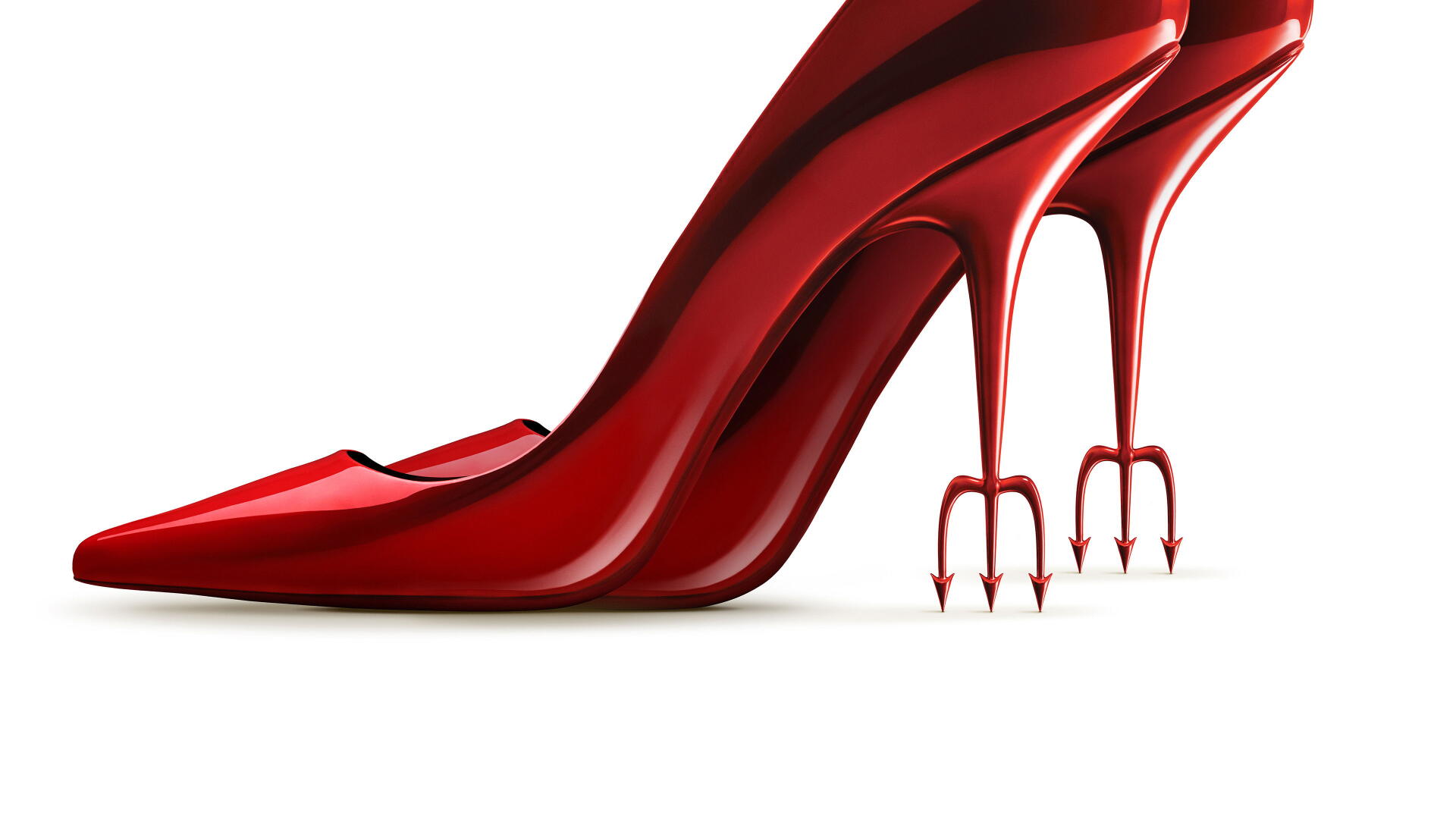 Red stiletto heels with devil-trident heel points on a white background, The Devil Wears Prada 2 — 4K Ultra HD PC desktop wallpaper.