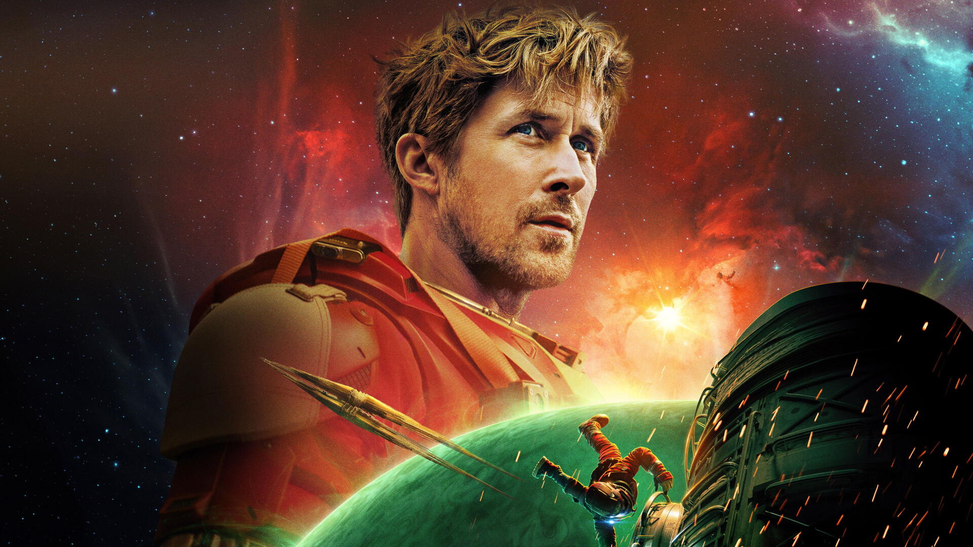 Project Hail Mary 4K Ultra HD PC desktop wallpaper and background: lone astronaut in a red suit stares past a green planet toward a shattered spacecraft under a blazing cosmic sky.