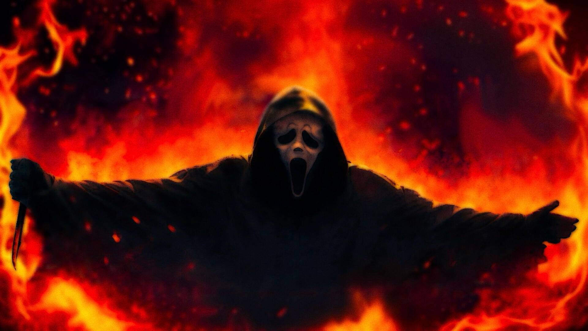 Scream 7 4K Ultra HD PC desktop wallpaper/background: Ghostface in a dark cloak, arms outstretched, screaming mask framed by roaring red-orange flames and burning embers.