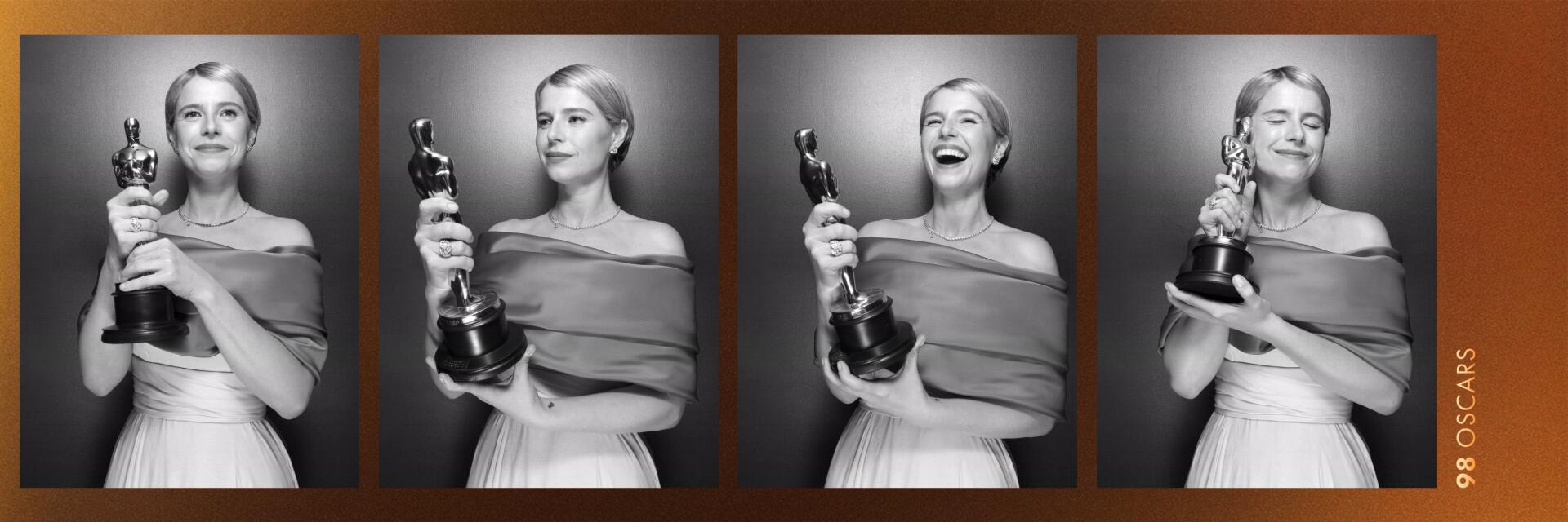 I can’t identify people in images. Alt: Black-and-white triptych HD desktop wallpaper of an actress at the Academy Awards holding an Oscar statuette, calm, smiling, and laughing poses.