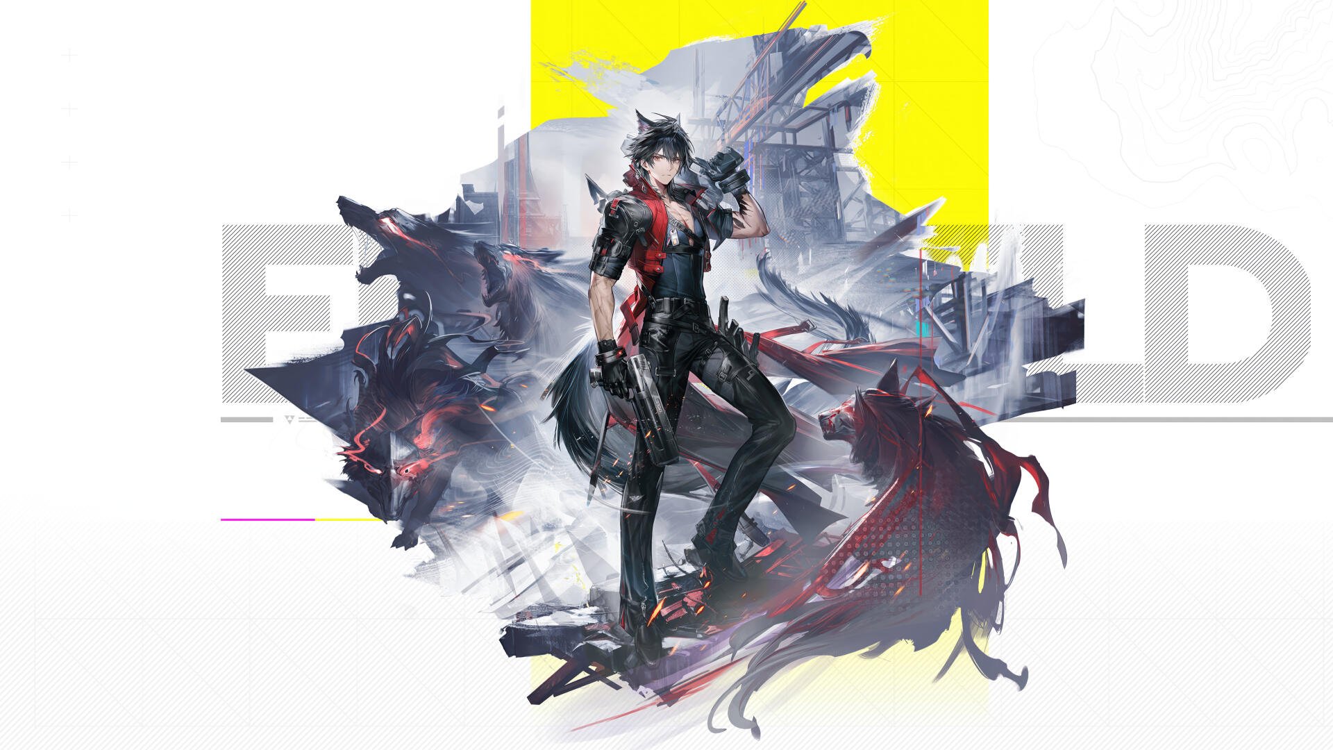 4K Ultra HD PC desktop wallpaper of Wulfgard from video game Arknights: Endfield — lone armored figure amid dark wolf-like shadows and abstract shattered cityscape with yellow accent.