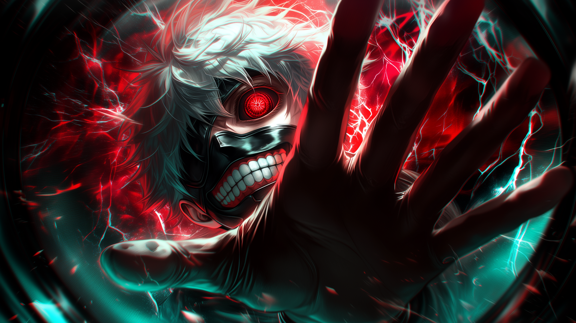 Dark anime 2K Quad HD PC wallpaper of Tokyo Ghoul's Ken Kaneki, red ghoul eye and wide grin, hand lunging through a crackling red-black aura.