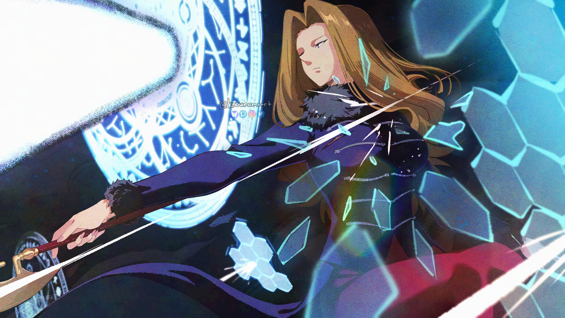 Methode from Frieren: Beyond Journey's End in a dark cloak, casting luminous blue magic sigils as crystalline shards swirl — 4K Ultra HD anime PC desktop wallpaper.